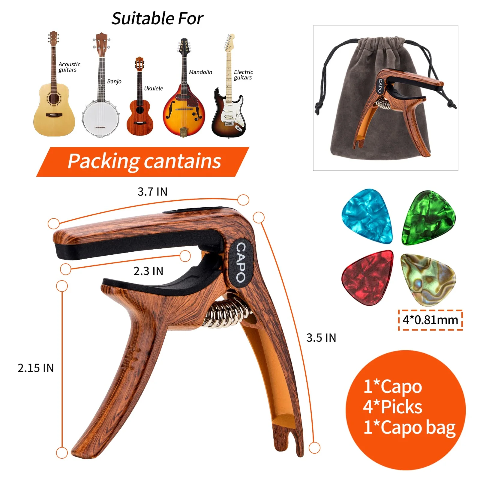 Guitar Capo, 3-in-1 multifunction capo for Acoustic and Electric Guitars (Free bonus 4 picks) with Pick Holder and Pin Puller, Guitar Accessories, wood grain color - Image 2