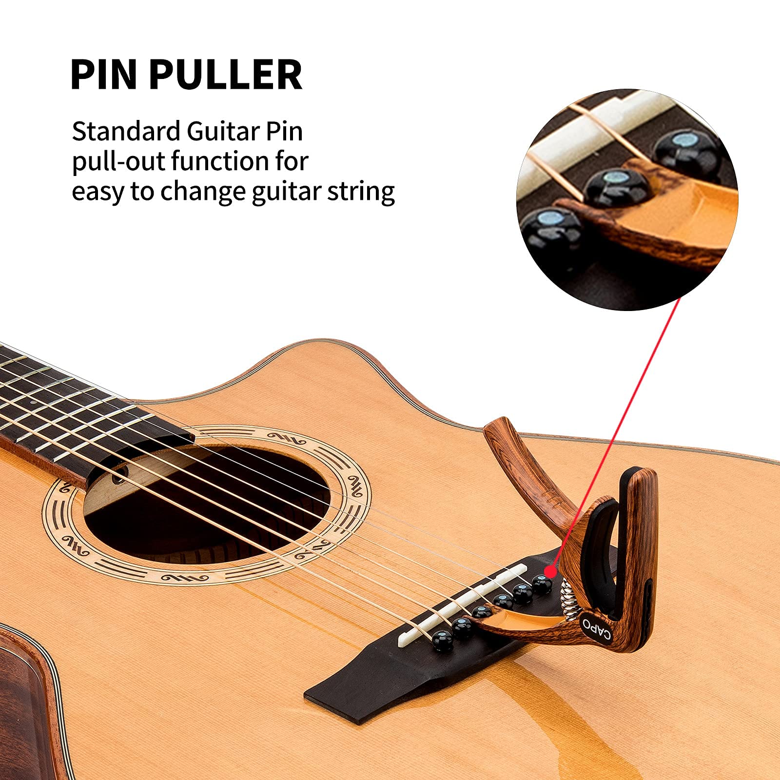 Guitar Capo, 3-in-1 multifunction capo for Acoustic and Electric Guitars (Free bonus 4 picks) with Pick Holder and Pin Puller, Guitar Accessories, wood grain color - Image 5