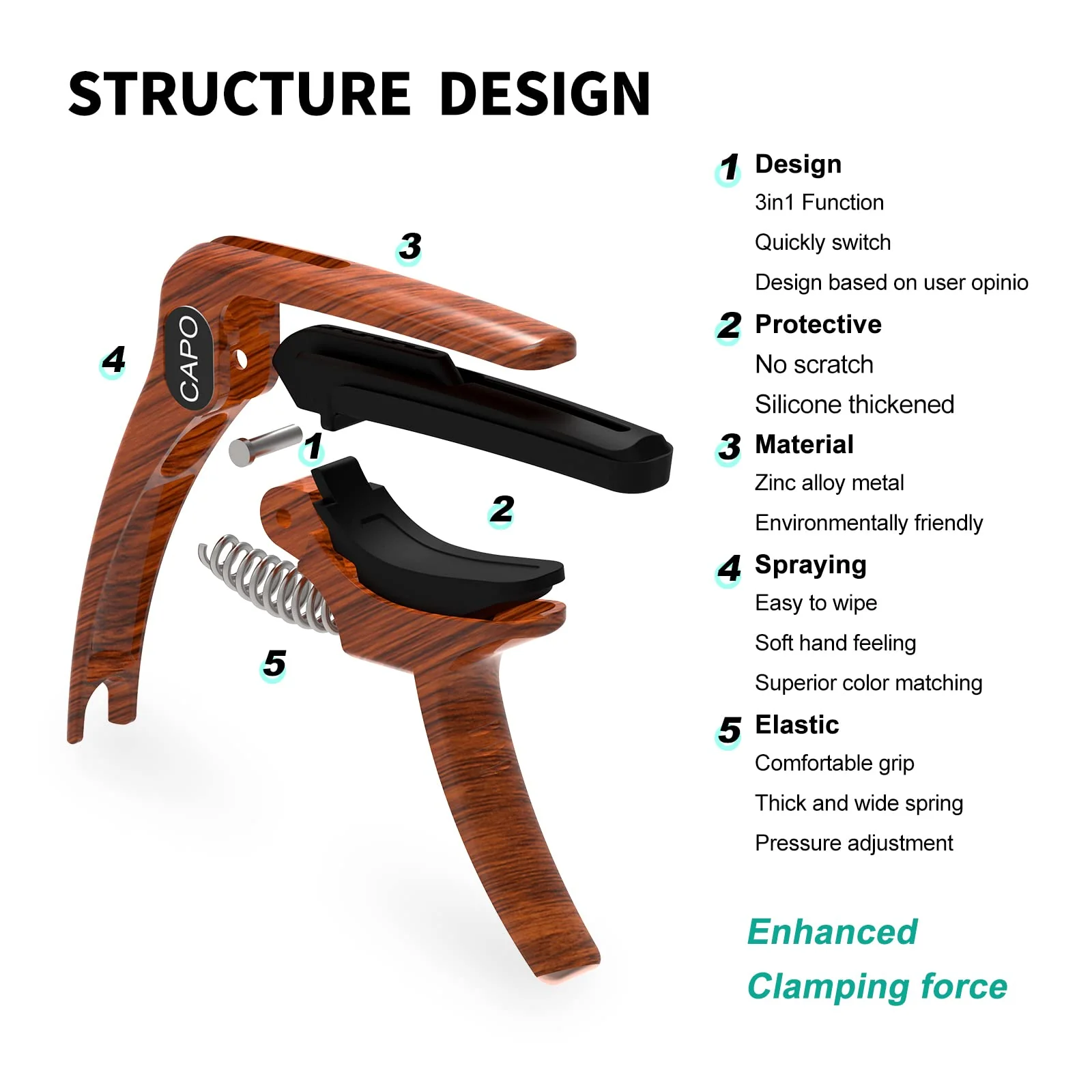 Guitar Capo, 3-in-1 multifunction capo for Acoustic and Electric Guitars (Free bonus 4 picks) with Pick Holder and Pin Puller, Guitar Accessories, wood grain color - Image 6