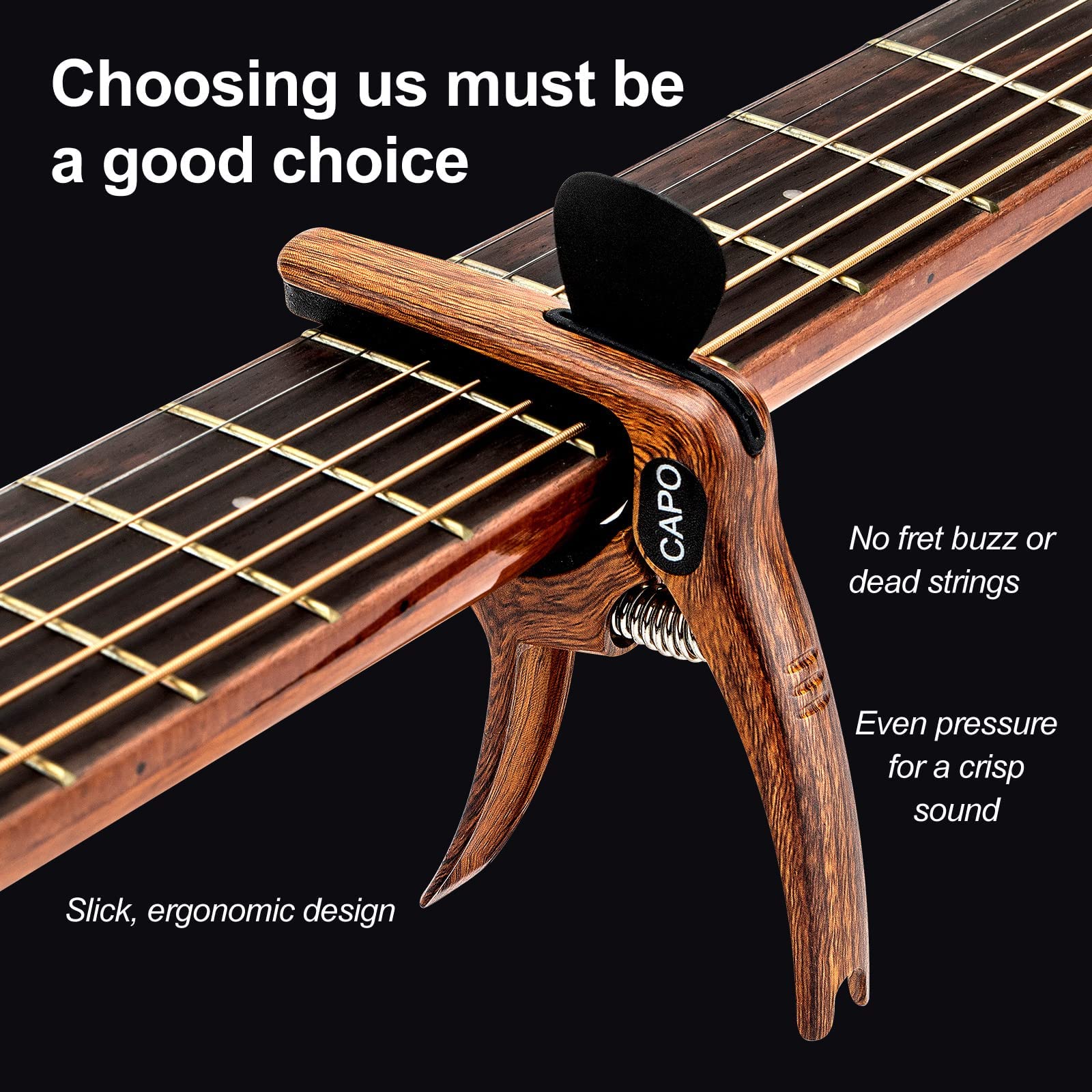 Guitar Capo, 3-in-1 multifunction capo for Acoustic and Electric Guitars (Free bonus 4 picks) with Pick Holder and Pin Puller, Guitar Accessories, wood grain color - Image 8