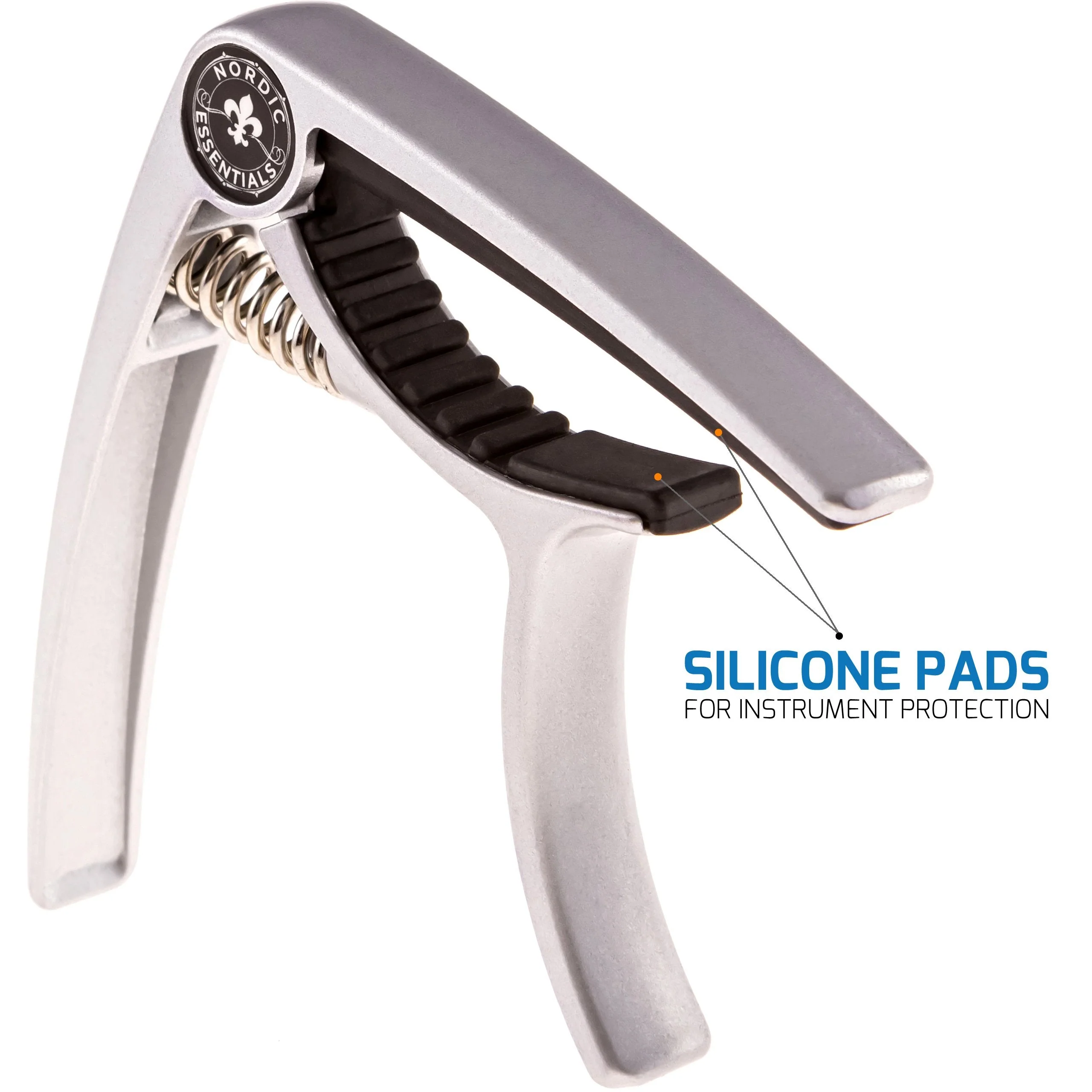 Guitar Capo Deluxe for Acoustic Guitars, Ukulele, Banjo, Mandolin, Bass - Made of Premium Quality Zinc Alloy for 6 & 12 String Instruments - Luxury Accessories by Nordic Essentials Classy Matte Silver - Image 6