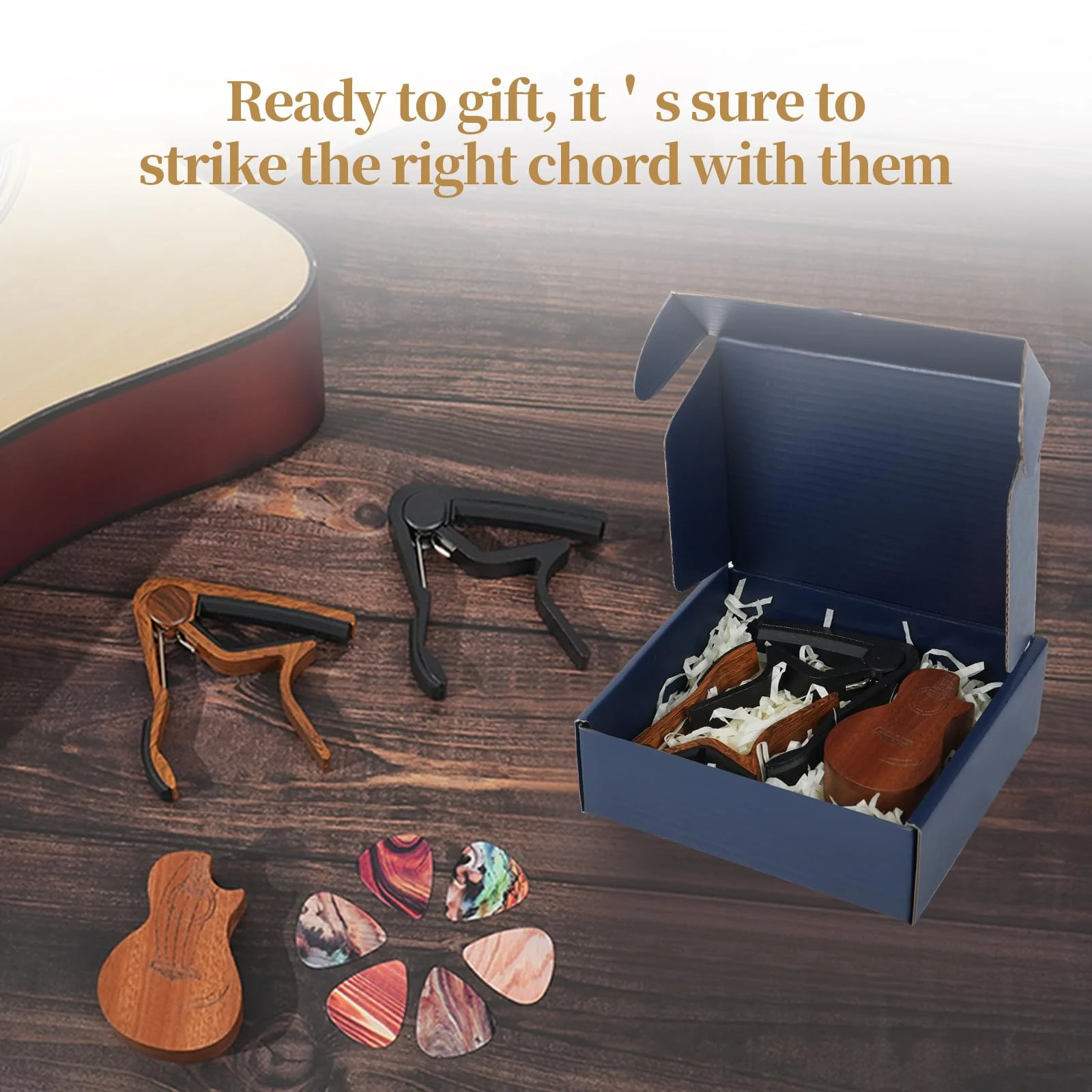 Guitar Capo Gift Set - Includes 2 Capos, 1 Pick Holder & 6 Picks - Personalized Gift for Acoustic Guitar 6 String, Electric Guitar & Bass Players (Rosewood & Black) Rosewood&Black - Image 2