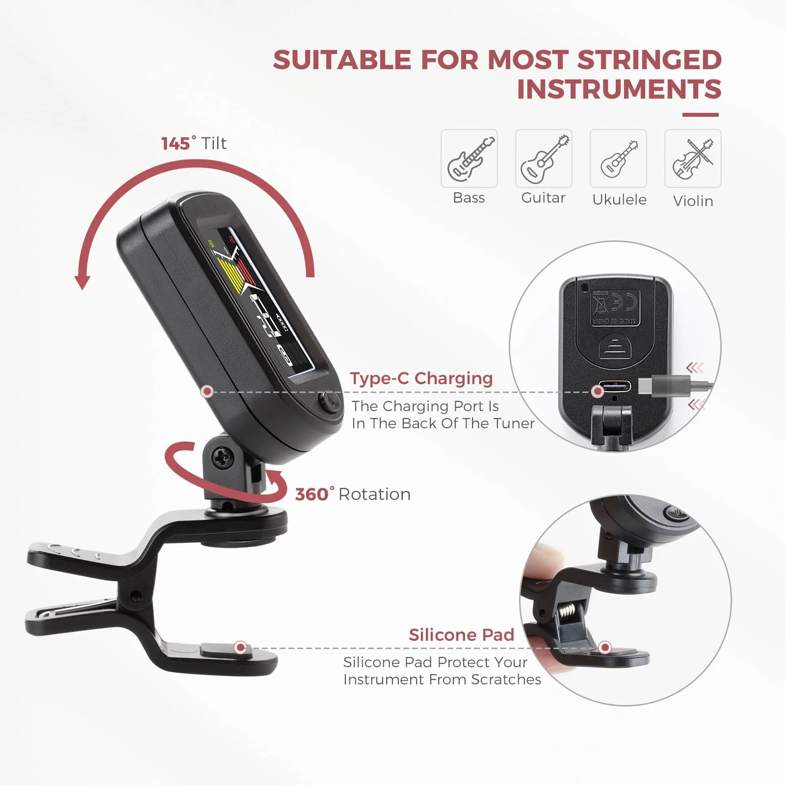 Guitar Capo Rechargeable Guitar Tuner Acoustic Guitar Accessories Kit Including Capo, Tuner, Picks, Wall Mount Hanger, Guitar String Cleaner for Guitar Players - Image 4