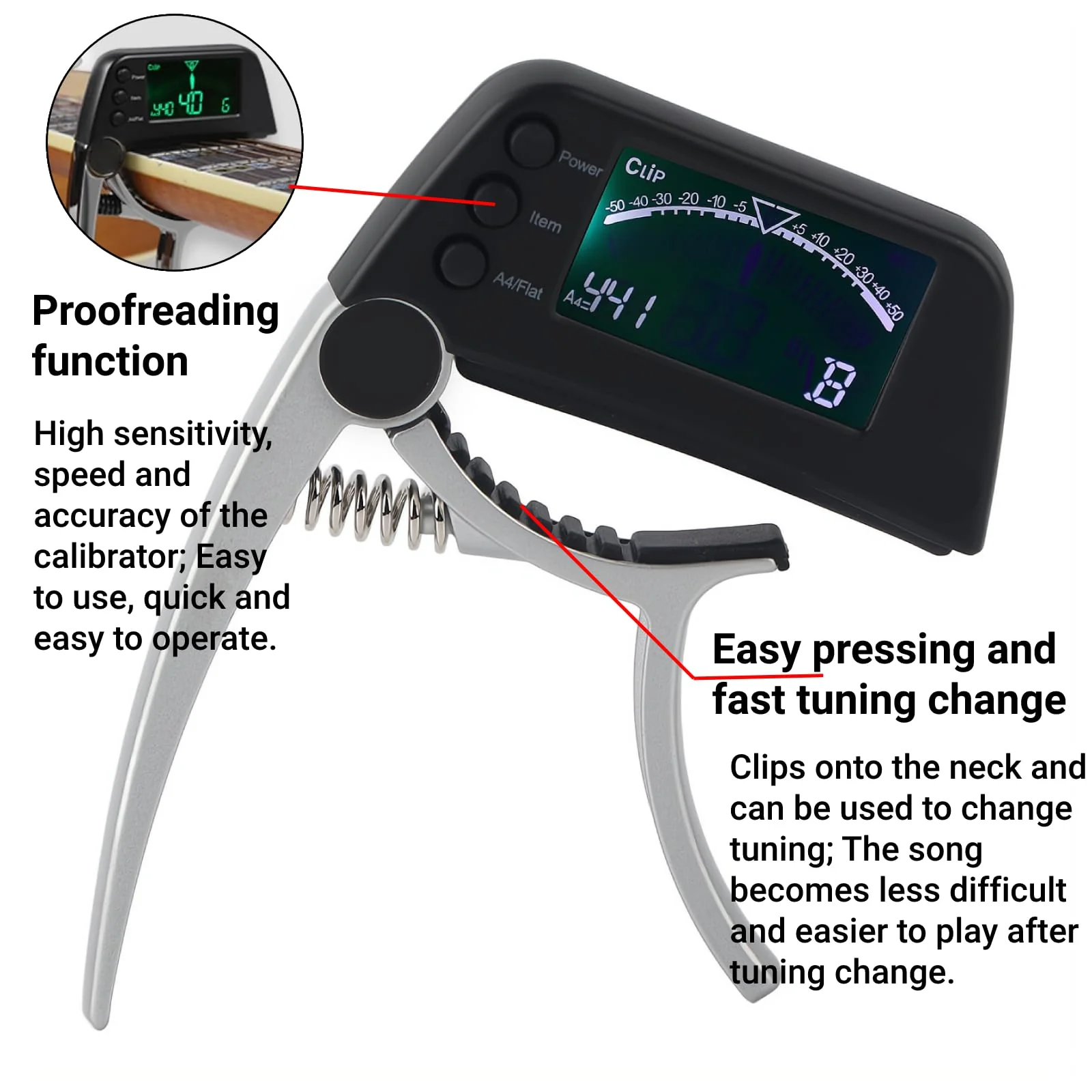 Guitar Capo Tuner 2 in 1 Clip on Tuner and Capo with Large LCD Display Accurate Tuning for Acoustic Electric Bass Ukulele Violin Banjo - Image 3