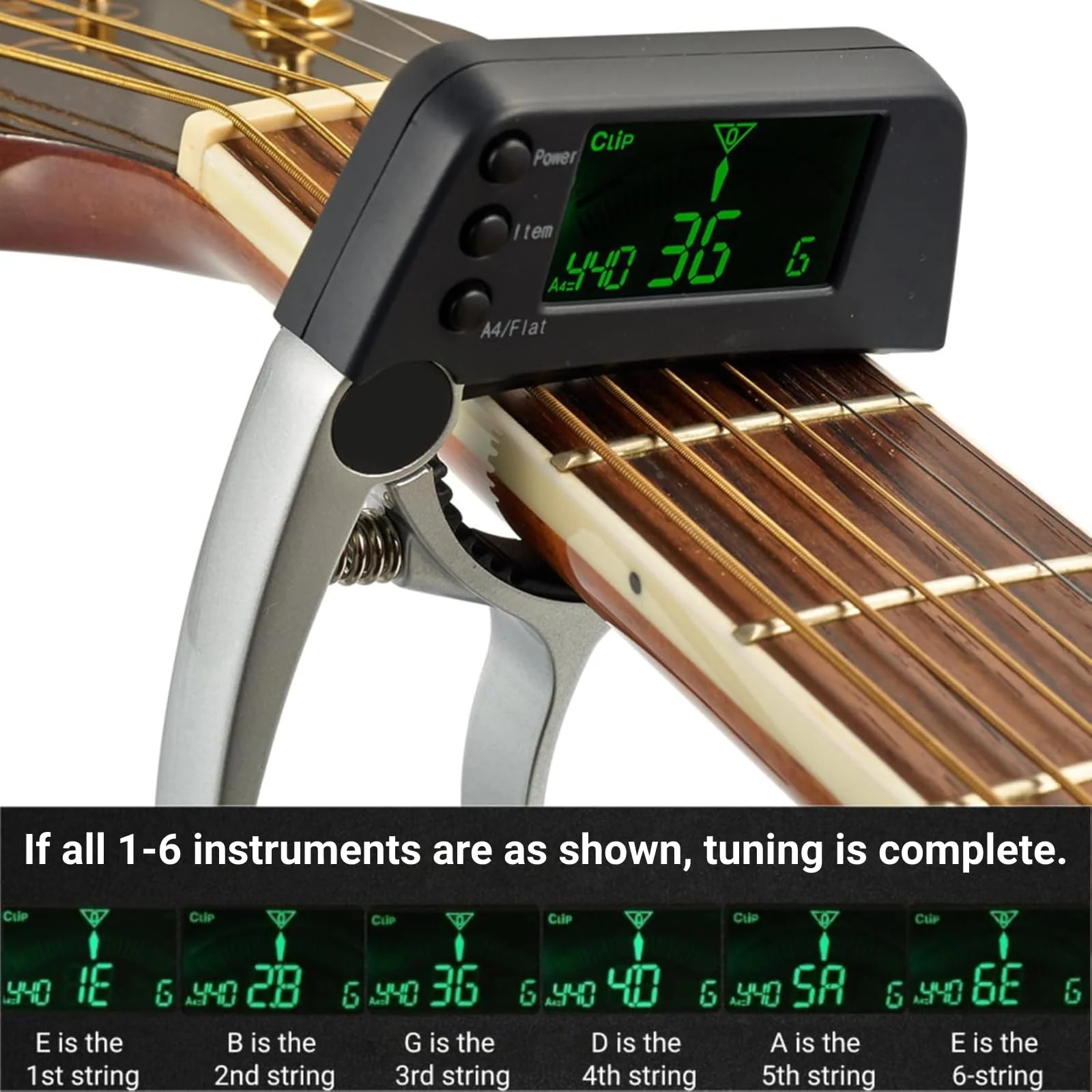 Guitar Capo Tuner 2 in 1 Clip on Tuner and Capo with Large LCD Display Accurate Tuning for Acoustic Electric Bass Ukulele Violin Banjo - Image 4
