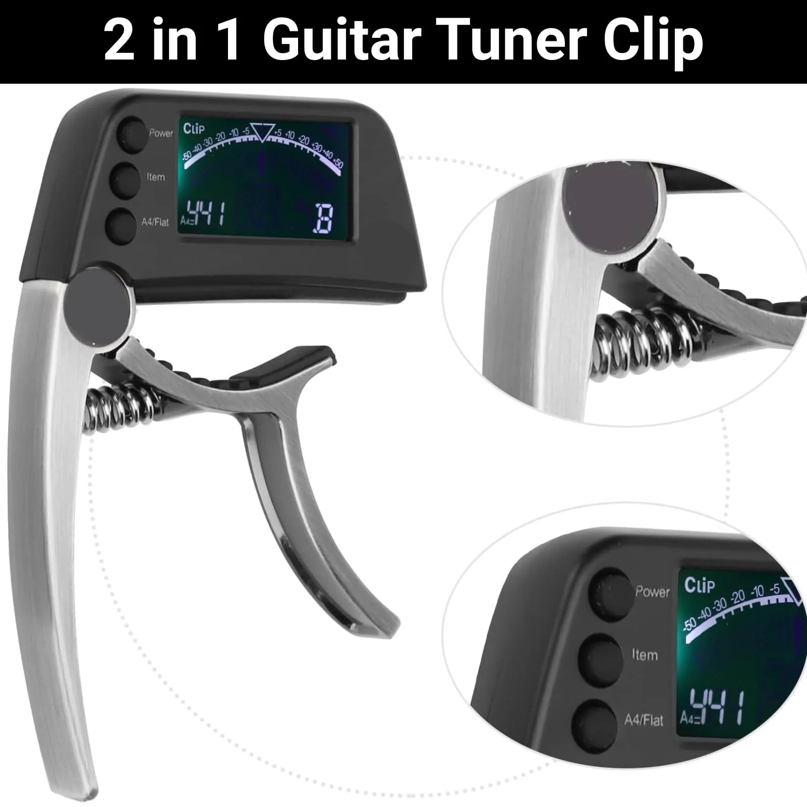 Guitar Capo Tuner 2 in 1 Clip on Tuner and Capo with Large LCD Display Accurate Tuning for Acoustic Electric Bass Ukulele Violin Banjo - Image 7