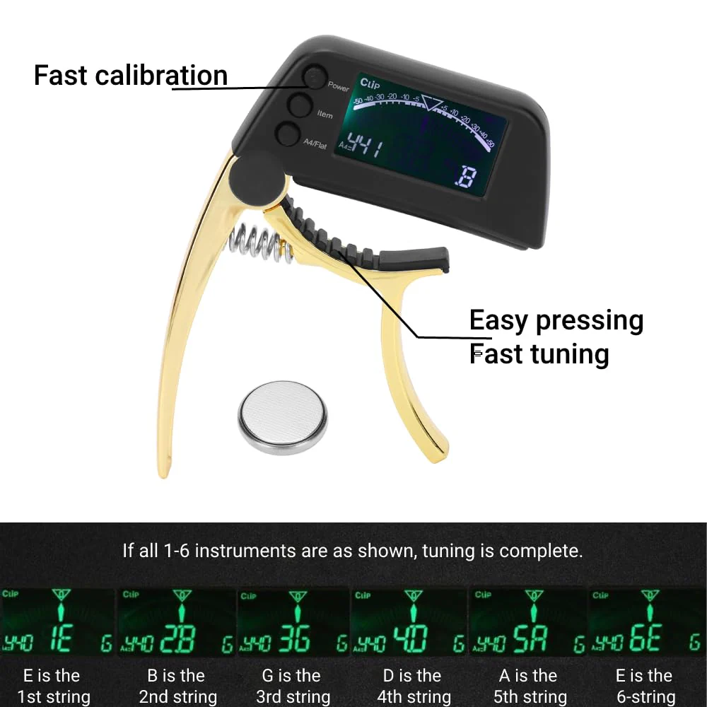 Guitar Capo Tuner 2 in 1 Clip On Tuner with Large and Clear LCD Screen for Acoustic Electric Classical Ukuleles - Image 4