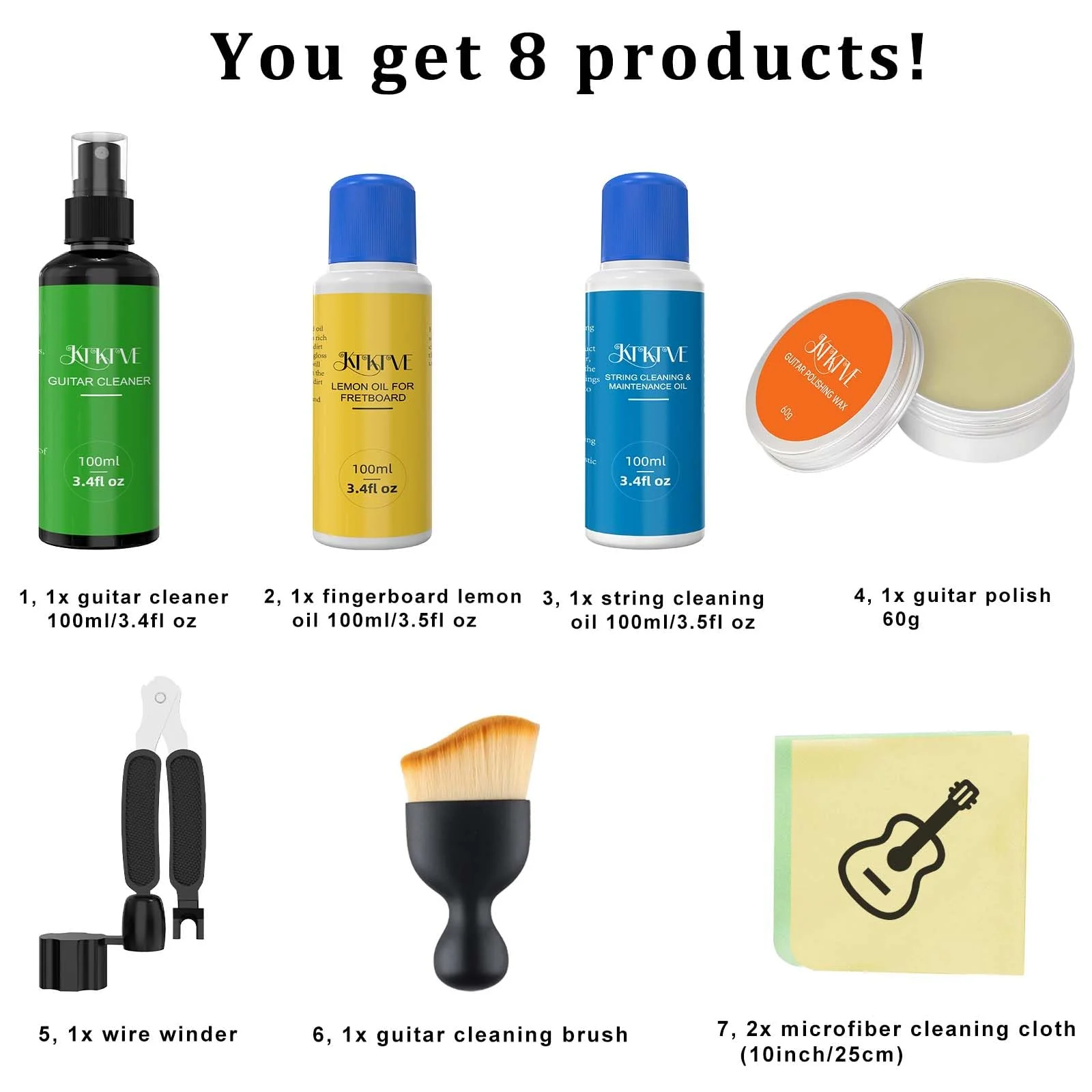 Guitar Cleaning Kit – 8-Pack Complete Care Set with Innovative Sponge Applicator | Guitar Cleaner, Lemon Oil(fretboard oil), Polish Wax, String Cleaner, Winder, Brush & Microfiber Cloth Sponge Tip - Image 2