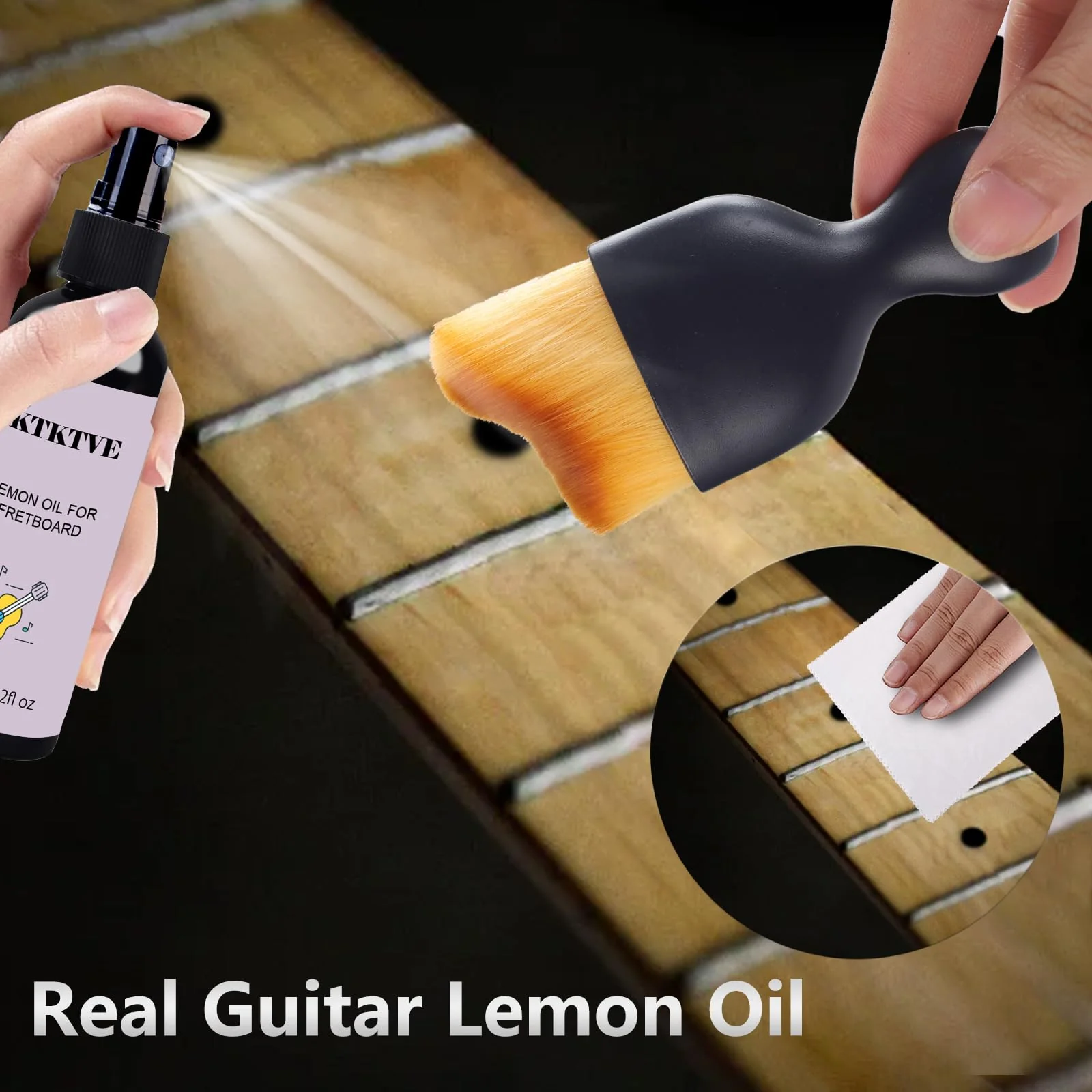 Guitar Cleaning Kit- Complete Guitar Care Kit 8 Pack with Guitar Cleaner, Lemon Oil for Guitar Fretboard, Polish Wax, String Cleaner, Winder, Soft Brush and Microfiber Cloth - Image 3