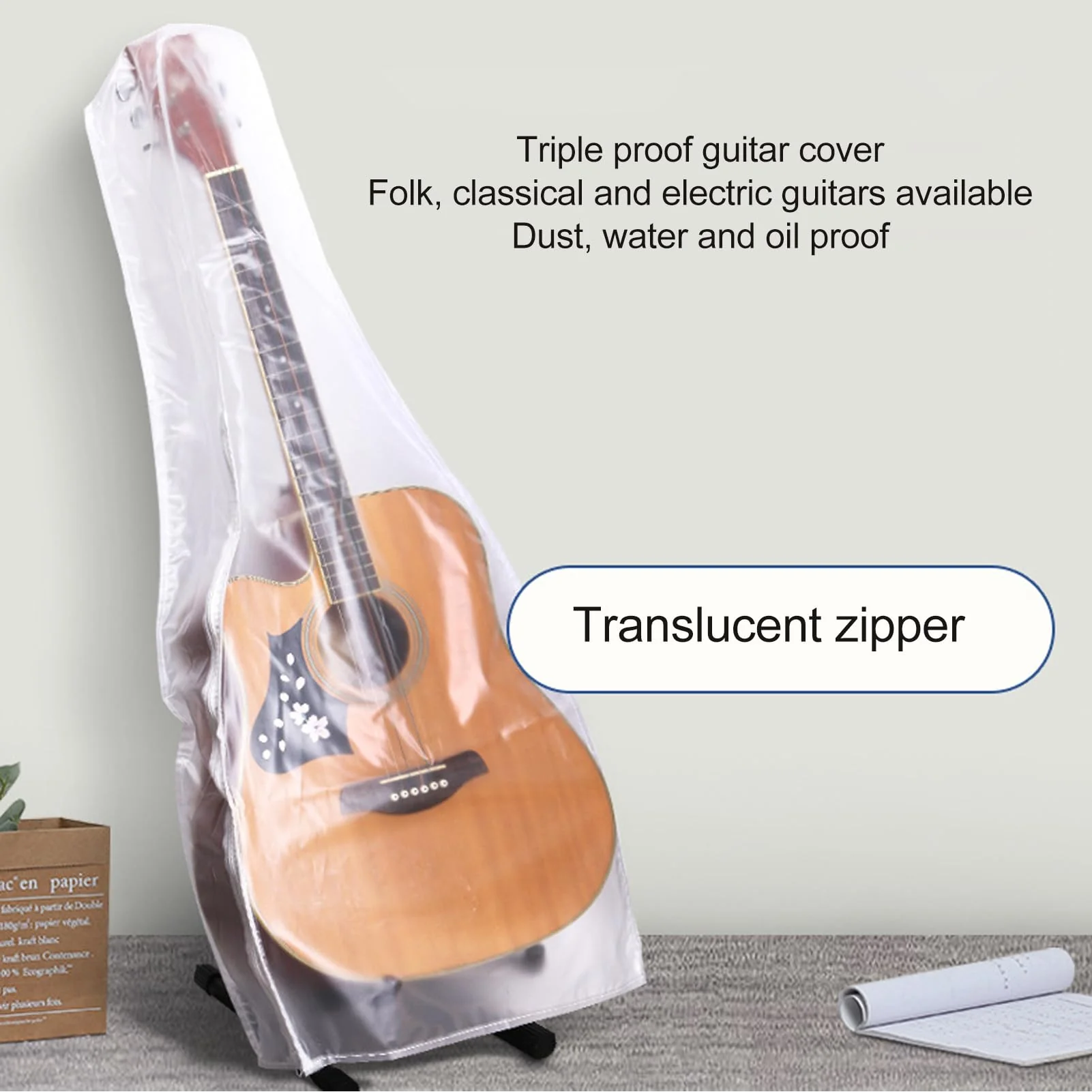 Guitar Dust Cover, Water Transparent Guitar Shell Case Dust Cover Fits Acoustic Guitar, Electric Guitar and Bass Guitars, Matte Frosted PVC, Elegant - Image 2