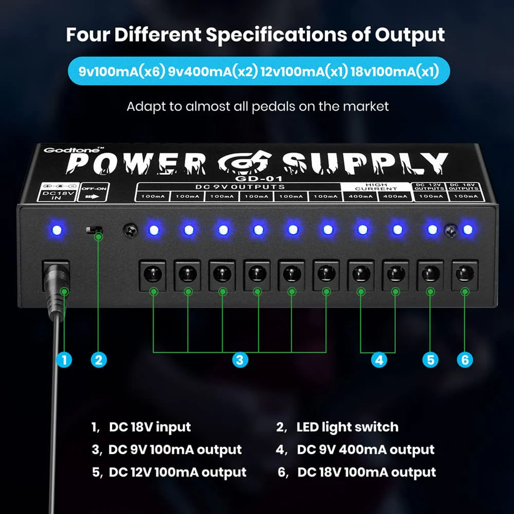 Guitar Effect Pedal 10 DC Output for 9V 12V 18V Pedals Power Supply with Short Circuit Overcurrent Protection Separate GD-01 - Image 5