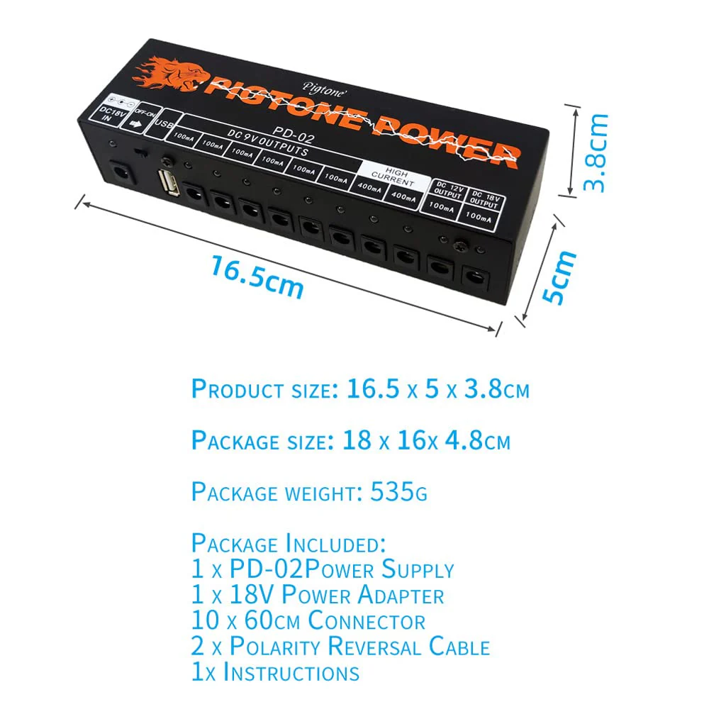 Guitar Effect Pedal 10 DC Outputs Power Supply for 9V 12V 18V Effects Pedals with USB (5V2A) PD-02 - Image 8
