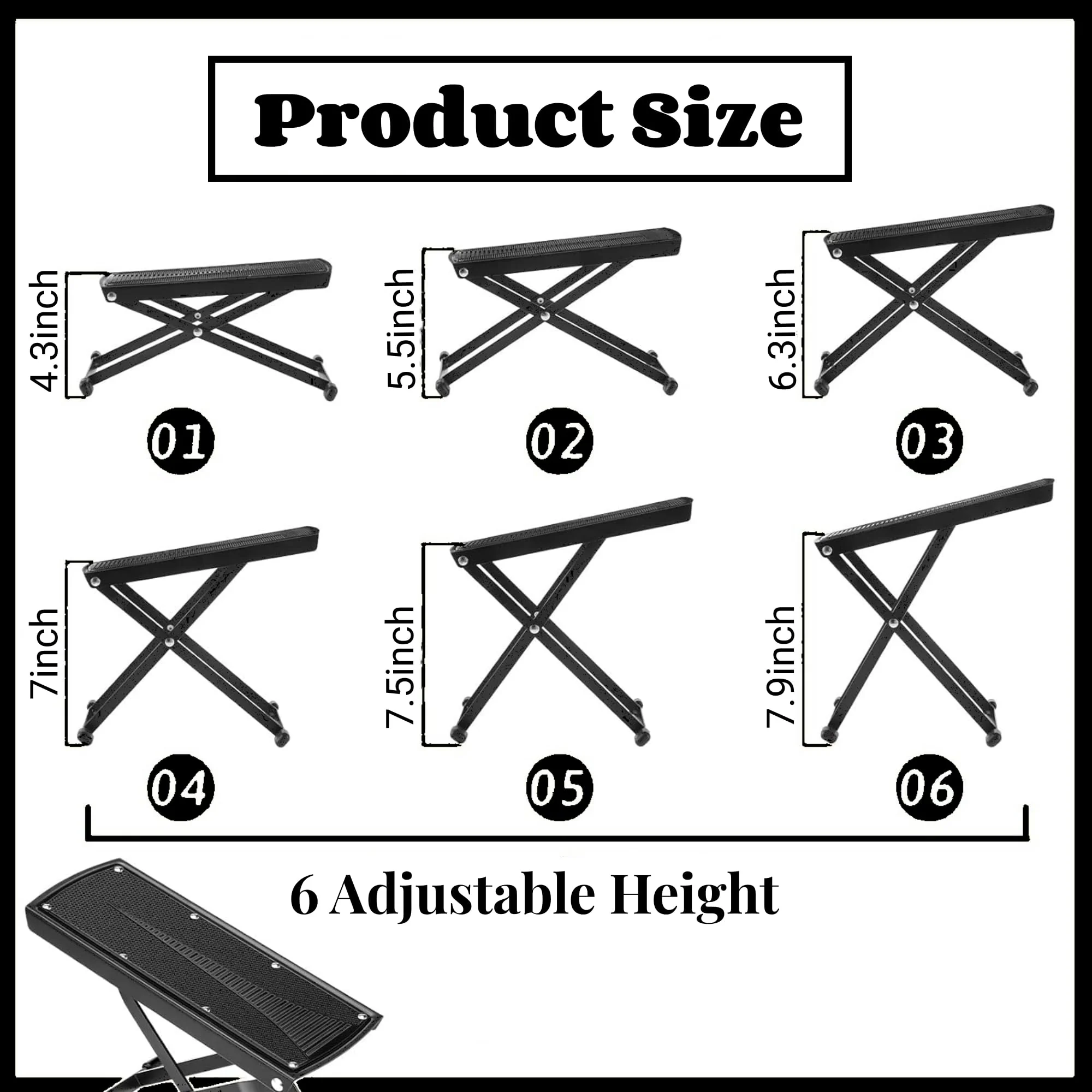 Guitar Foot Stool, 6-Position Height Adjustable Guitar Foot Rest Stand with Rubber End Caps and Non-Slip Rubber Pad for Classical, Acoustic, Electric Guitar - Black - Image 2