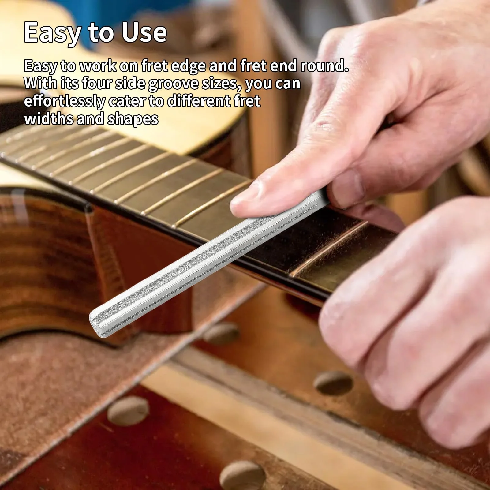 Guitar Fret Crowning File Fret Repairing Tools with 4 Size Edges Narrow/Medium/Wide Notch Edges and Flat Edges Wood Handle Luthier Tools for Guitars Ukuleles Bass Banjo Mandolin - Image 2