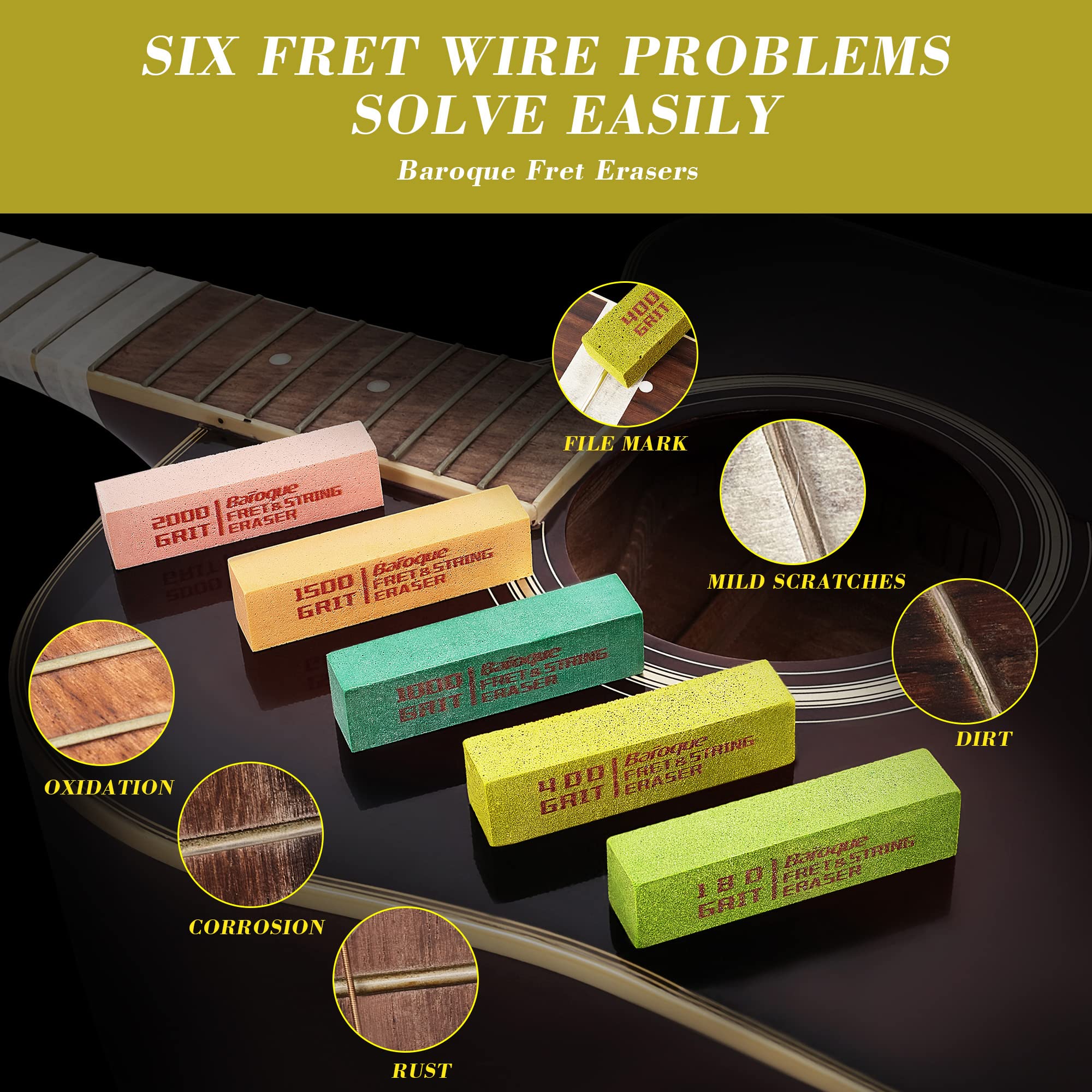 Guitar Fret Erasers, Fret Polishing Abrasive Rubber Blocks, Fret Cleaner Kit, Fret Polish Kit for Fretwire String and Metal, Set of 5 Grits (180 & 400 & 1000 & 1500 & 2000 Grit) 180&400&1000&1500&2000 Grit - Image 3