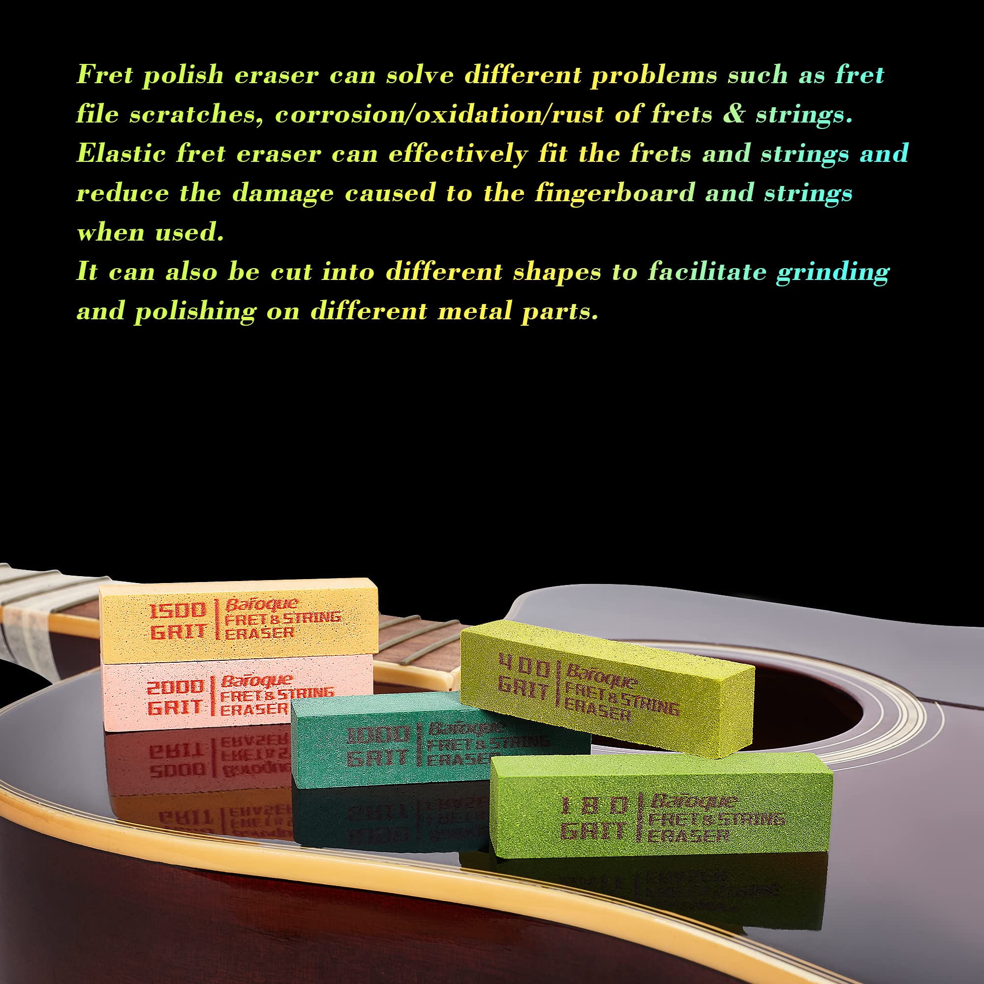 Guitar Fret Erasers, Fret Polishing Abrasive Rubber Blocks, Fret Cleaner Kit, Fret Polish Kit for Fretwire String and Metal, Set of 5 Grits (180 & 400 & 1000 & 1500 & 2000 Grit) 180&400&1000&1500&2000 Grit - Image 4