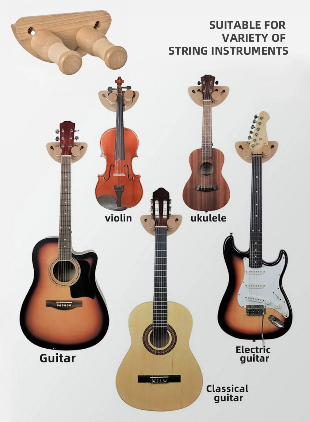 Guitar Hanger, Solid Wood Wall Mount Guitar Holder Adjustable Width Wall Hanging Stand for Guitar Bass Banjo Violin and More - Image 3