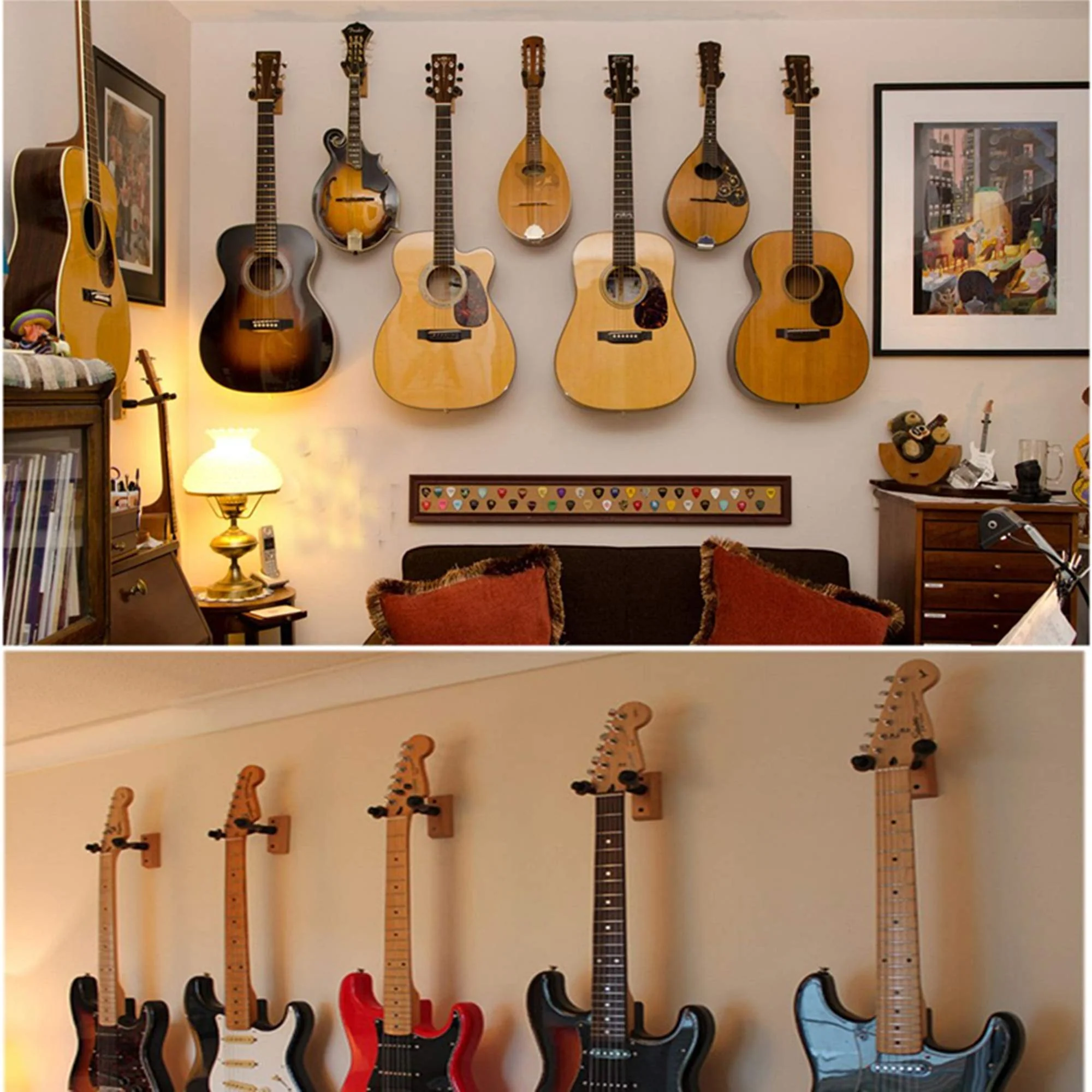 Guitar Hanger Wall Mount 6 Pack, Hardwood Guitar Wall Hangers Hooks Holder Stand Display with Screws - Easy to Install - Fits Bass, Mandolin, Banjo - Image 5