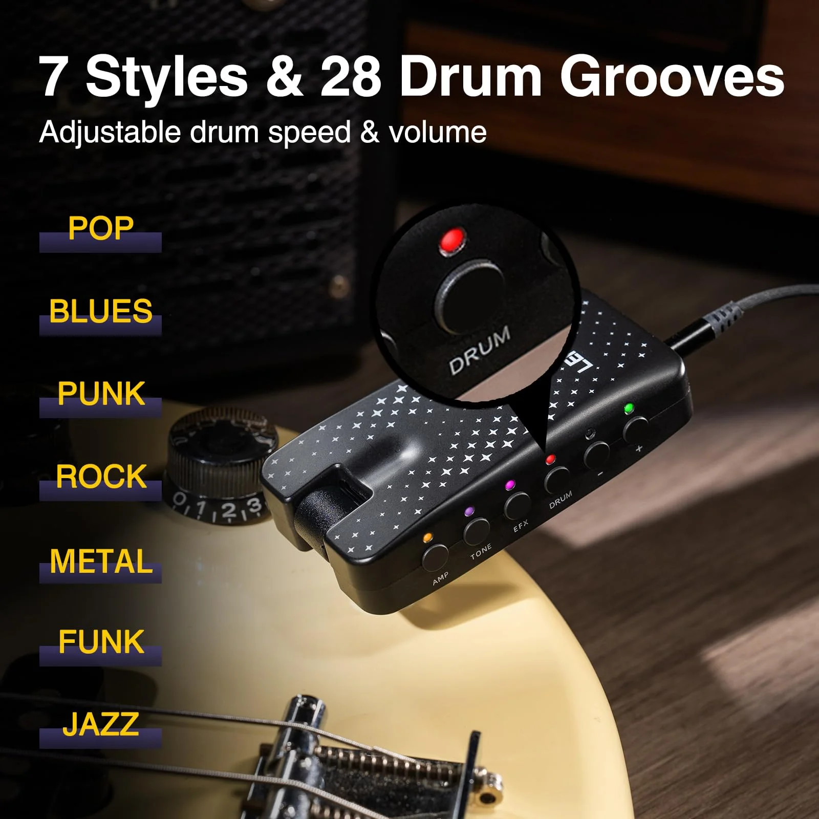 Guitar Headphone Amp, LEKATO Headphones Amplifier for Electric Guitar and Bass, Features 28 Drum Grooves, 14 Effects, 14 Amp Models, Built-in Bluetooth Streaming, OTG Recording, USB Rechargeable Black-Stars - Image 3