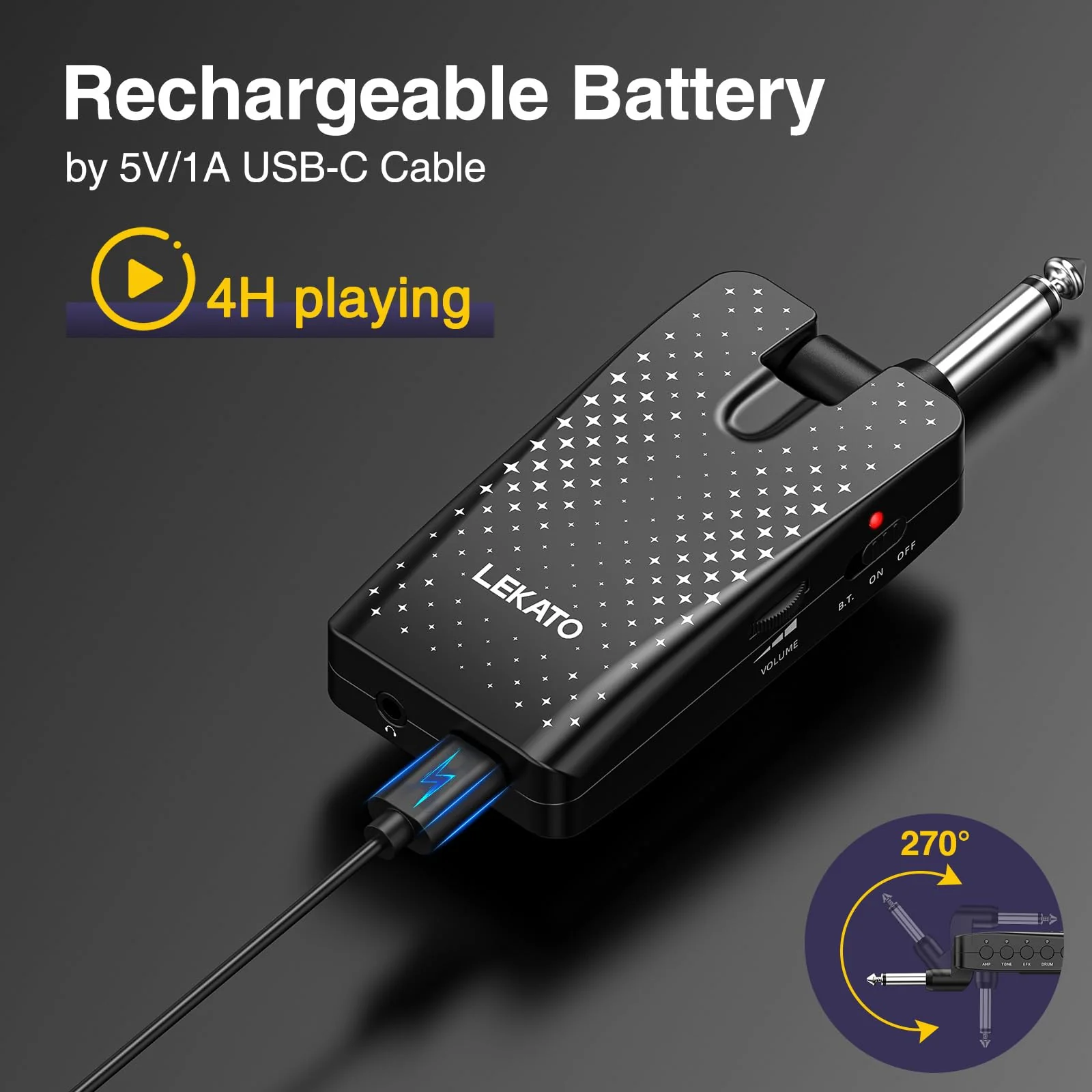 Guitar Headphone Amp, LEKATO Headphones Amplifier for Electric Guitar and Bass, Features 28 Drum Grooves, 14 Effects, 14 Amp Models, Built-in Bluetooth Streaming, OTG Recording, USB Rechargeable Black-Stars - Image 6