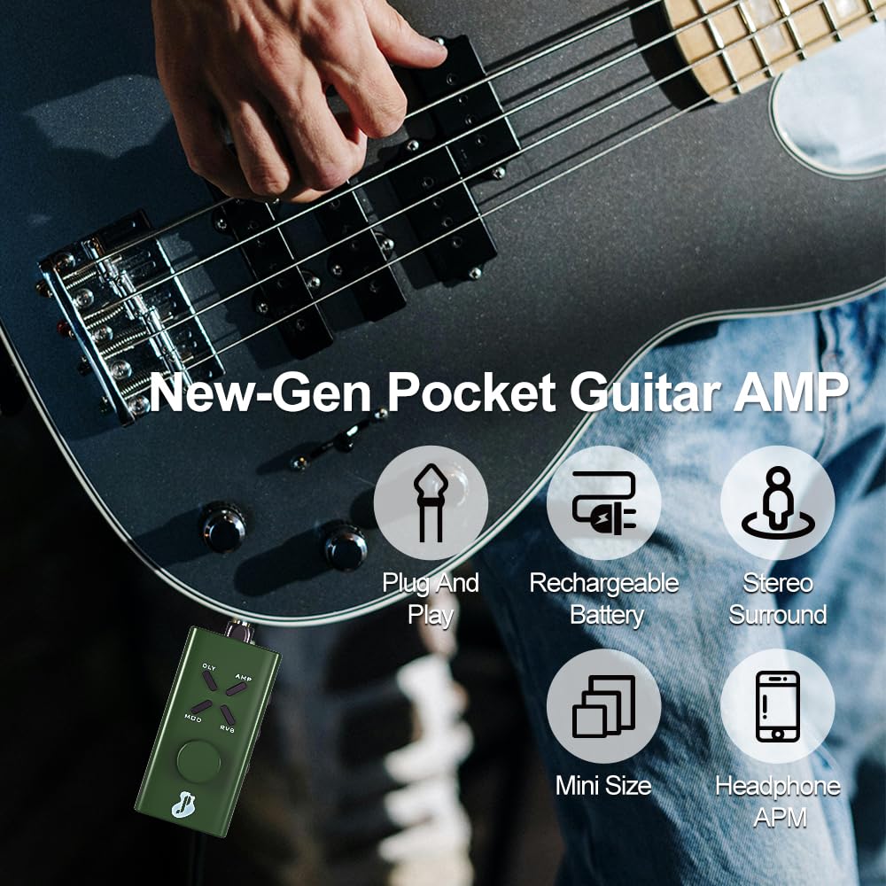 Guitar Headphone Amp, Mini Guitar Headphone Amplifier USB Rechargable Plug-in Portable Pocket Guitar Amplifier with 24 Multi-Effects Clean Overdrive Distortion Modulation Delay and Reverb Green - Image 4