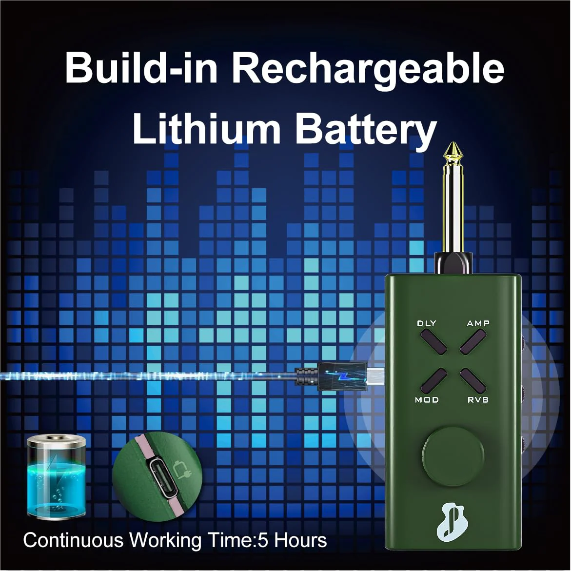 Guitar Headphone Amp, Mini Guitar Headphone Amplifier USB Rechargable Plug-in Portable Pocket Guitar Amplifier with 24 Multi-Effects Clean Overdrive Distortion Modulation Delay and Reverb Green - Image 5