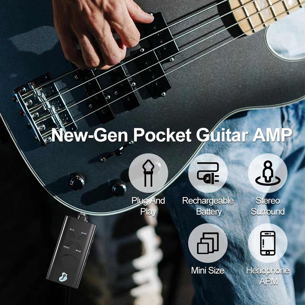 Guitar Headphone Amp, Mini Guitar Headphone Amplifier USB Rechargable Portable Pocket Guitar Amplifier with 24 Guitar Effects (Black) Black - Image 4