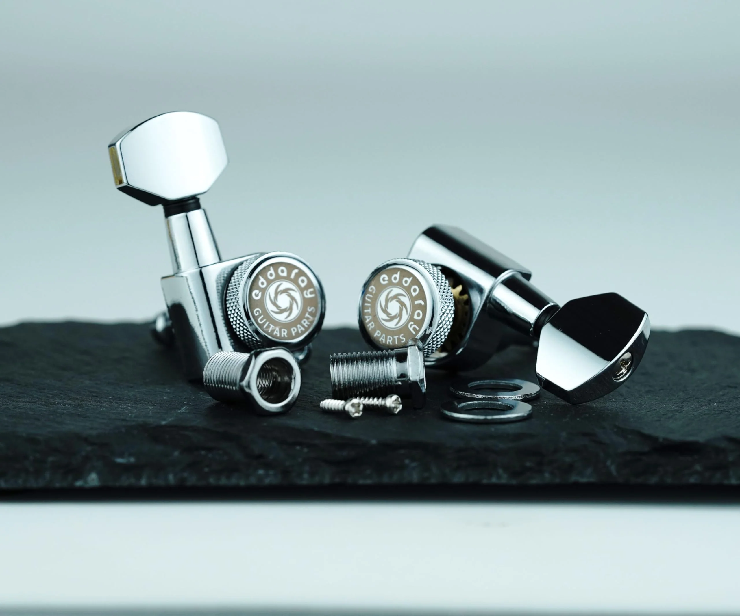 Guitar Locking Tuners (3R + 3L) – 1:18 Gear Ratio Lock String Tuning Key Pegs Machine Heads Set with Hexagonal Shaped Knob Replacement, (E-107SP, Chrome) 3R + 3L - Image 4