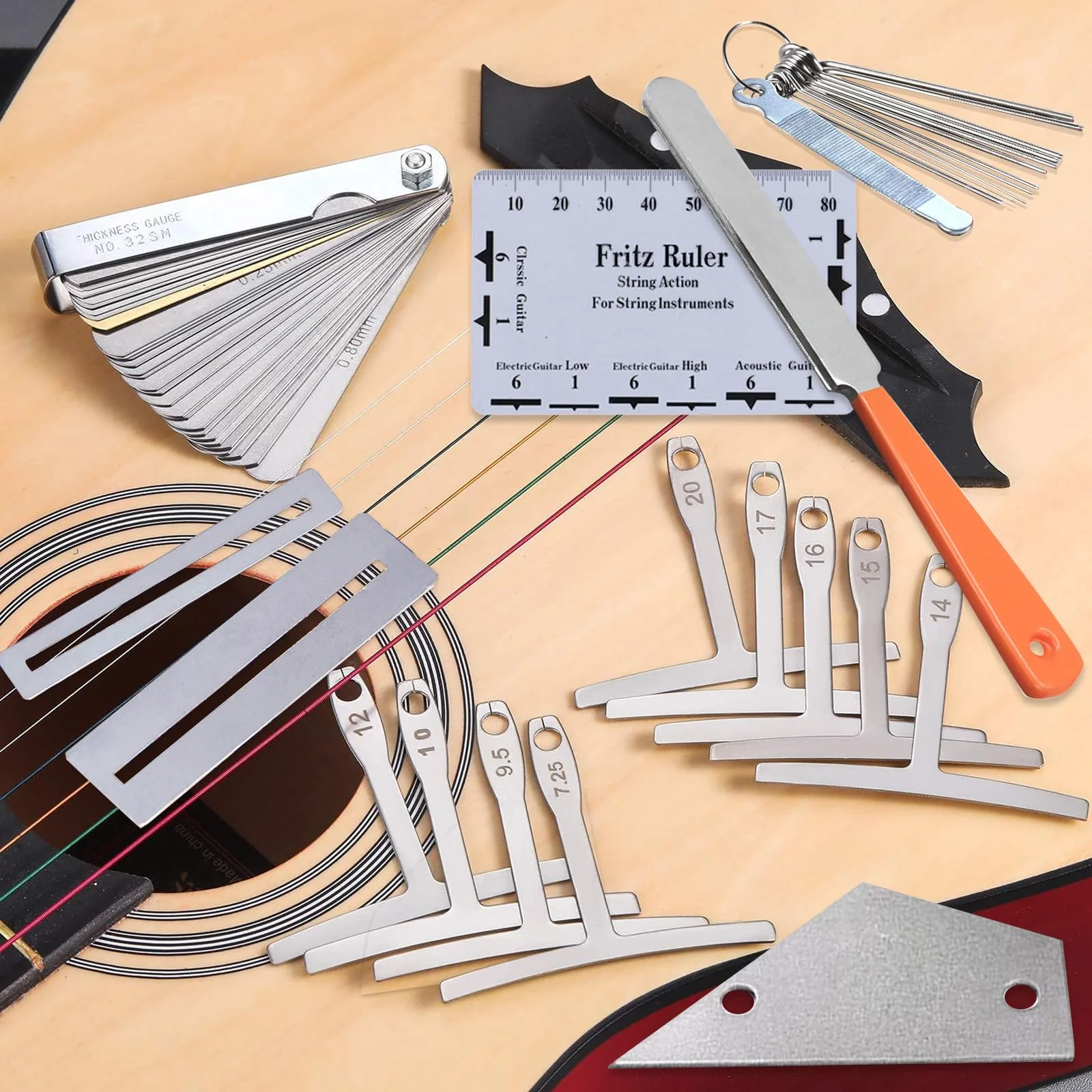 Guitar Luthier Tool Set,Including Fret Crowning File,Guitar Radius Gauge,String Action Ruler Gauge,Blades Feeler Gauge,Needle File,Fingerboard Guards for Guitar and Bass Setup - Image 7