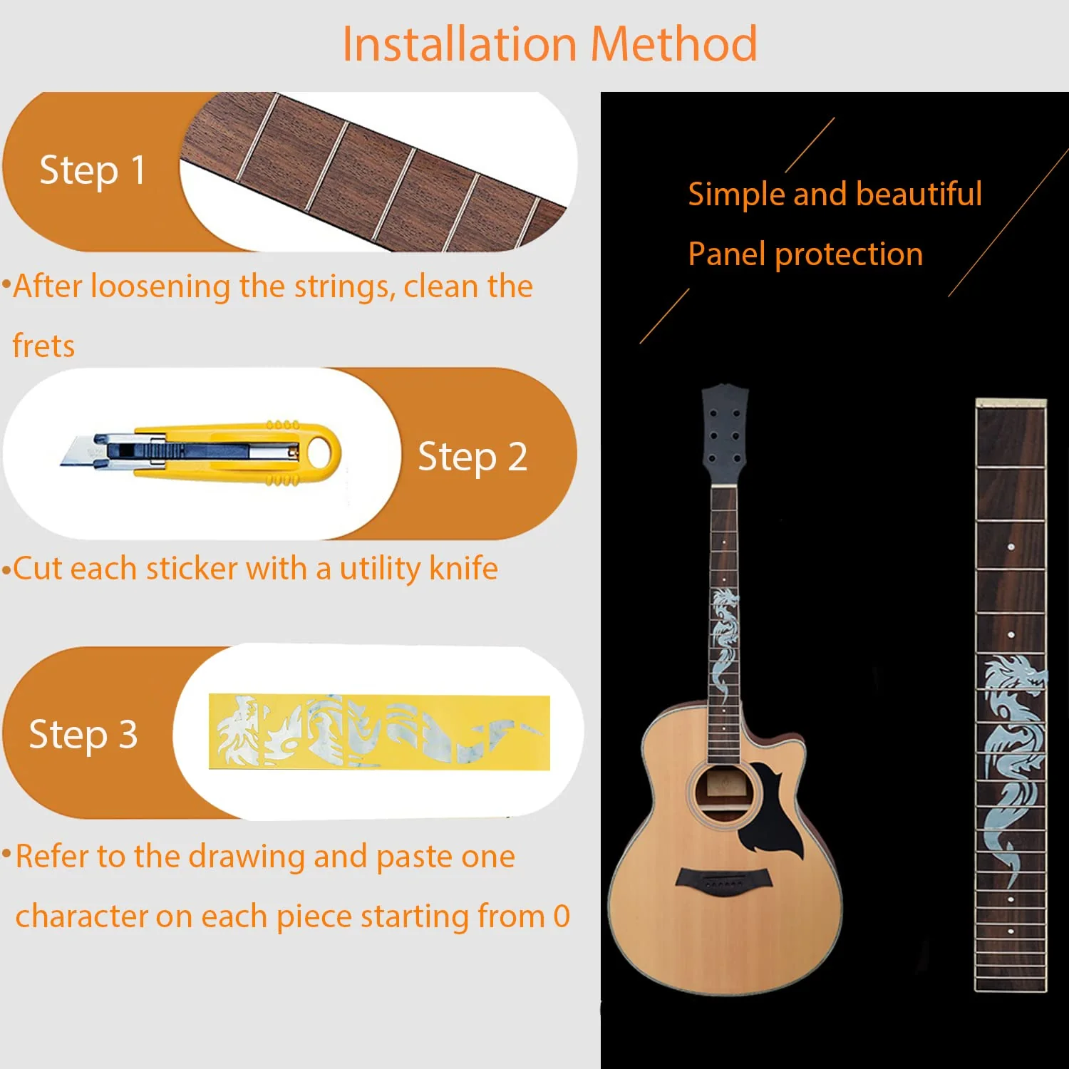 Guitar Neck Fretboard Sticker, Fret Inlay Decal for Ukulele, Music Guitar, Bass, Acoustic Guitar, Electric Guitar, Silver Thin (Dragon) - Image 3