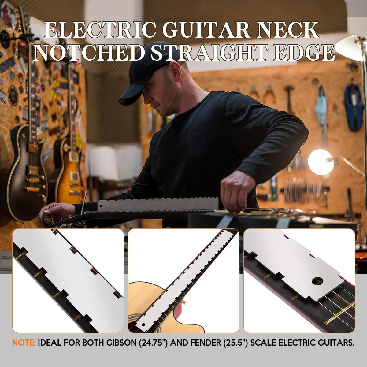 Guitar Neck Notched Straight Edge Luthiers Tool with Guitar Fret File, Fret Rocker, Fingerboard Guards Protectors and Grinding Stones for Gibson 24.75" and Fender 25.5" Electric Guitars - Image 3