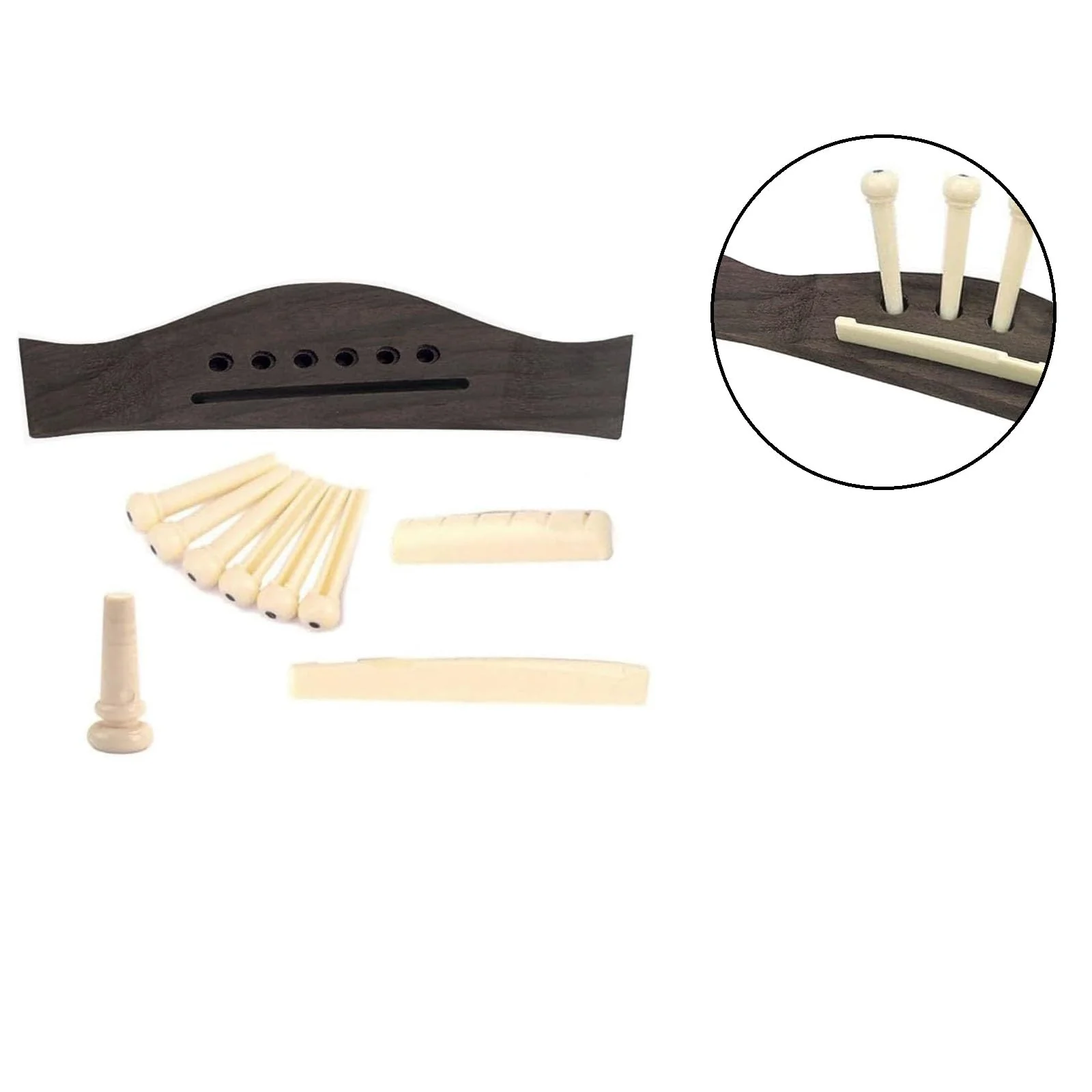 Guitar Parts Accessories Set Guitar Rosewood Bridge Pins Saddle Nut Tuning Pegs (3 Left + 3 Right) 6 String Replacement for Acoustic Guitar Silver B - Image 3
