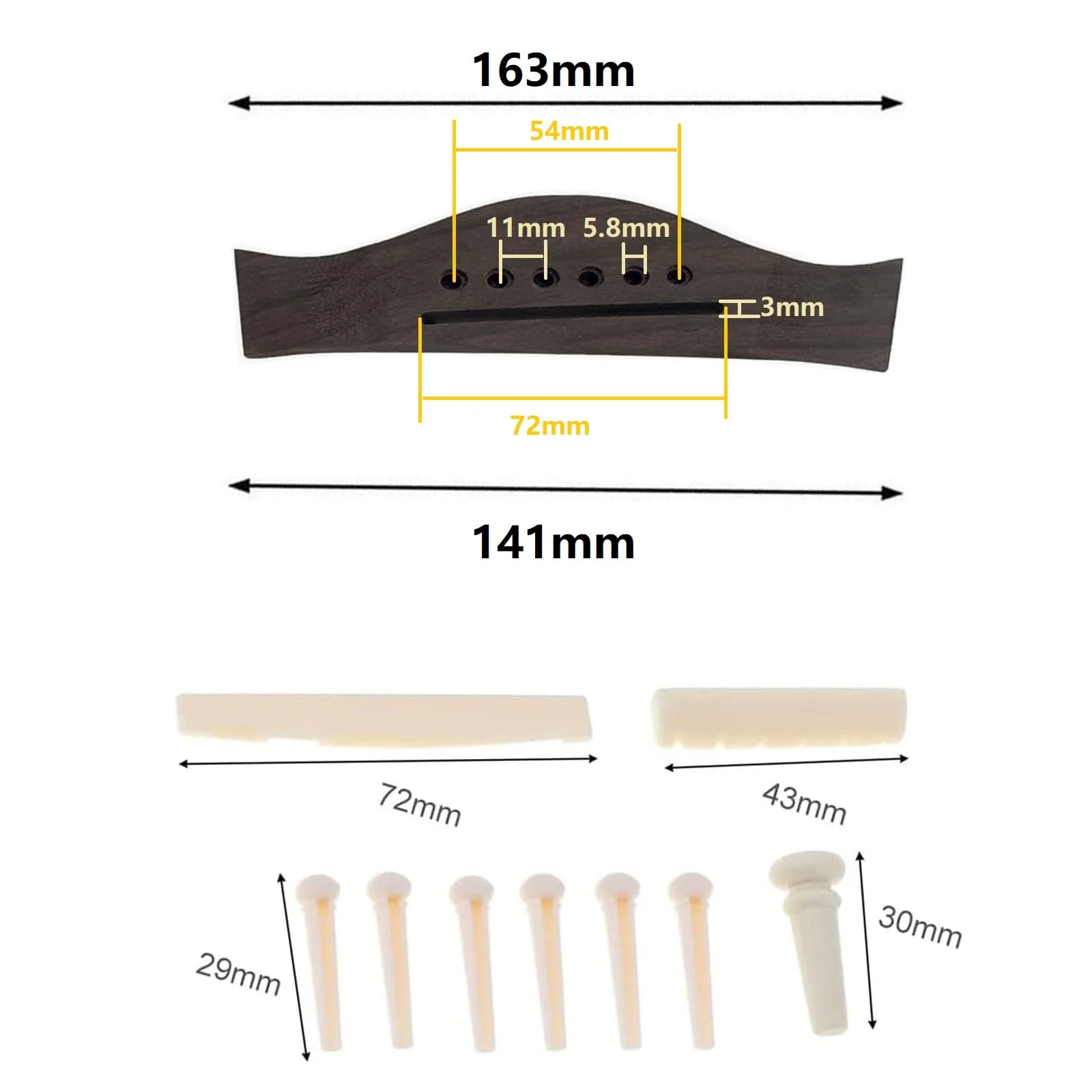 Guitar Parts Accessories Set Guitar Rosewood Bridge Pins Saddle Nut Tuning Pegs (3 Left + 3 Right) 6 String Replacement for Acoustic Guitar Silver B - Image 8