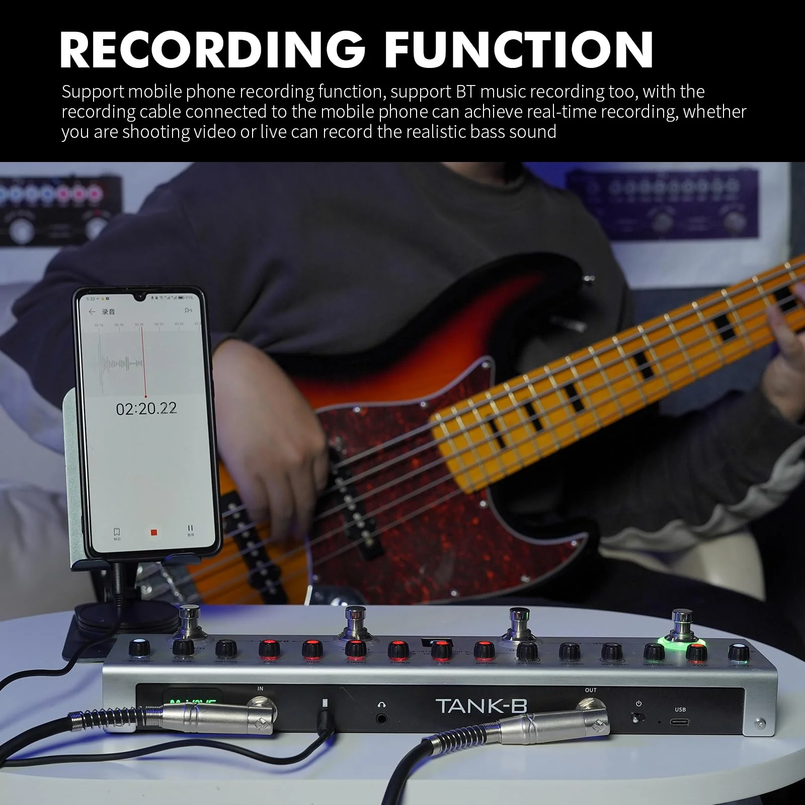 Guitar Pedal Multi Effects Bass with 36 Editable Presets, Chorus, Amp, Delay, Reverb, MOD, IR CAB, Music Recording, Tuner, Built-in Battery, BT Connection Digital Electric Bass Effector Bluetooth - Image 6