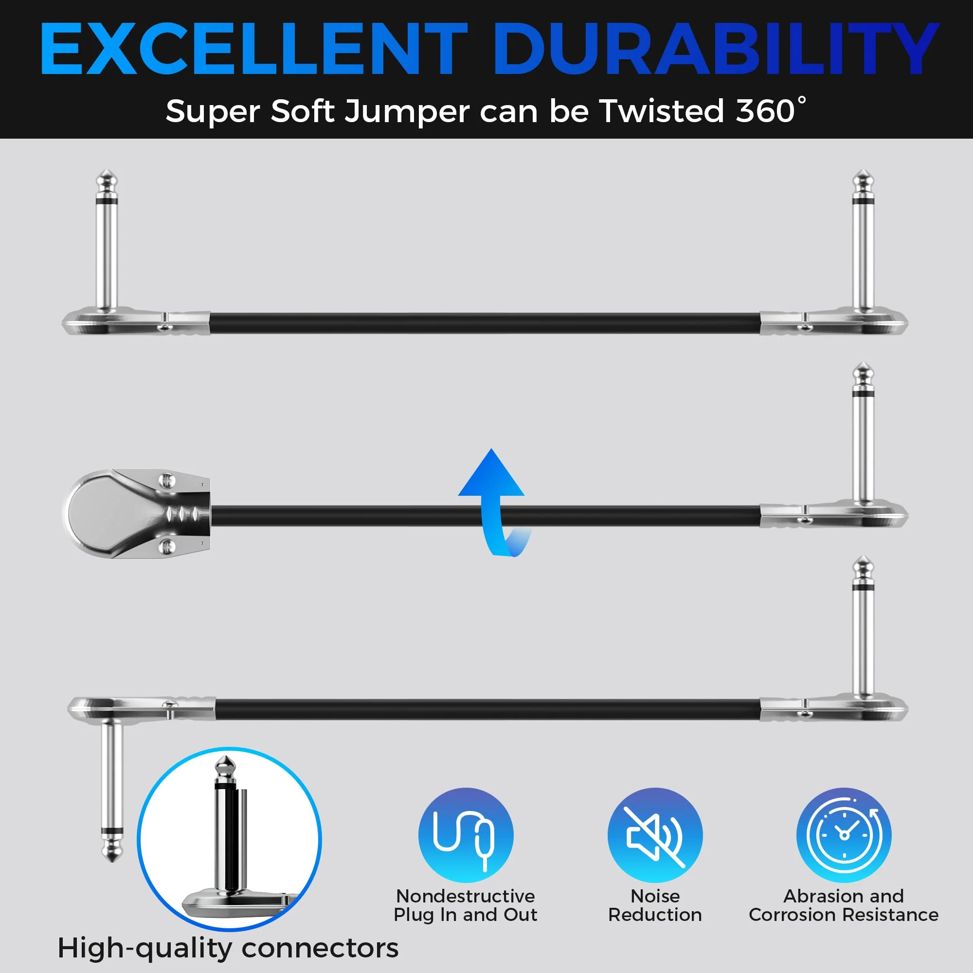 Guitar Pedal Patch Cable 6 Pack, Short Pedal Board Cord 6.35mm (1/4 inch) Right-Angle Flat Audio Adapter TS Male Connector for Effects Pedals - 6 Inch 6.35mm Male to Male Cable - Image 3