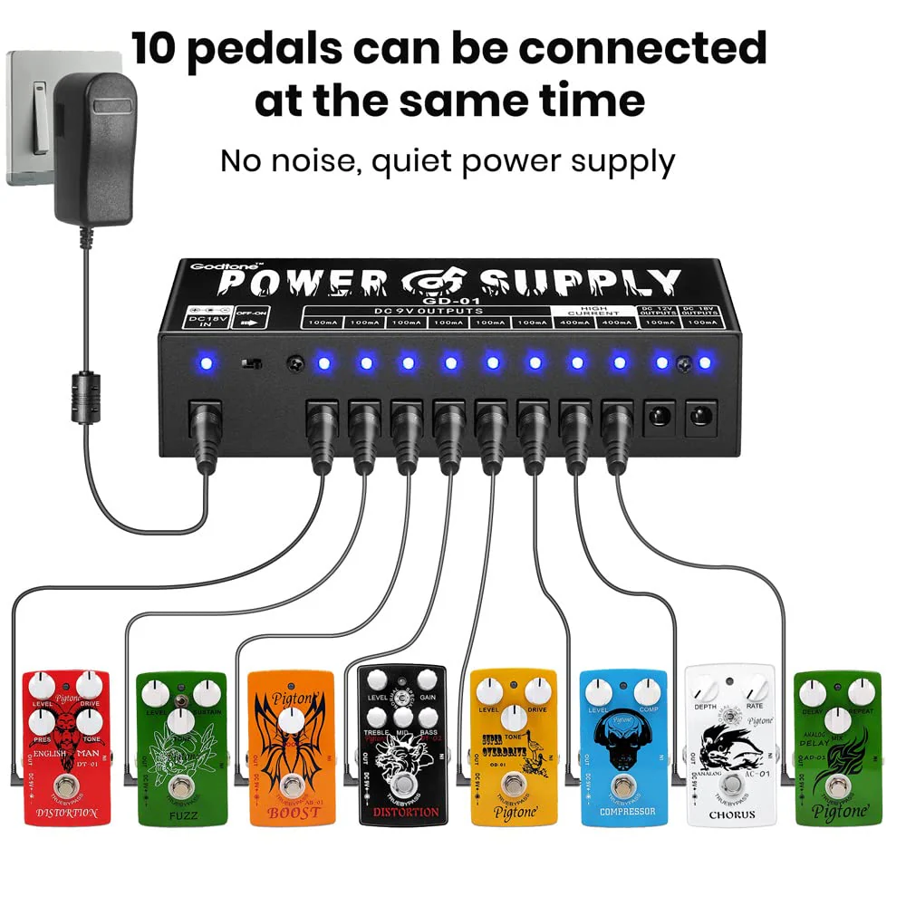Guitar Pedal Power Supply 10 Isolated DC Outputs for 9V/12V/18V Guitar Effect Pedal GD-01 - Image 2