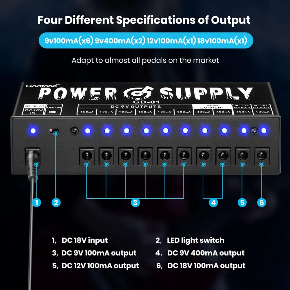 Guitar Pedal Power Supply 10 Isolated DC Outputs for 9V/12V/18V Guitar Effect Pedal GD-01 - Image 6