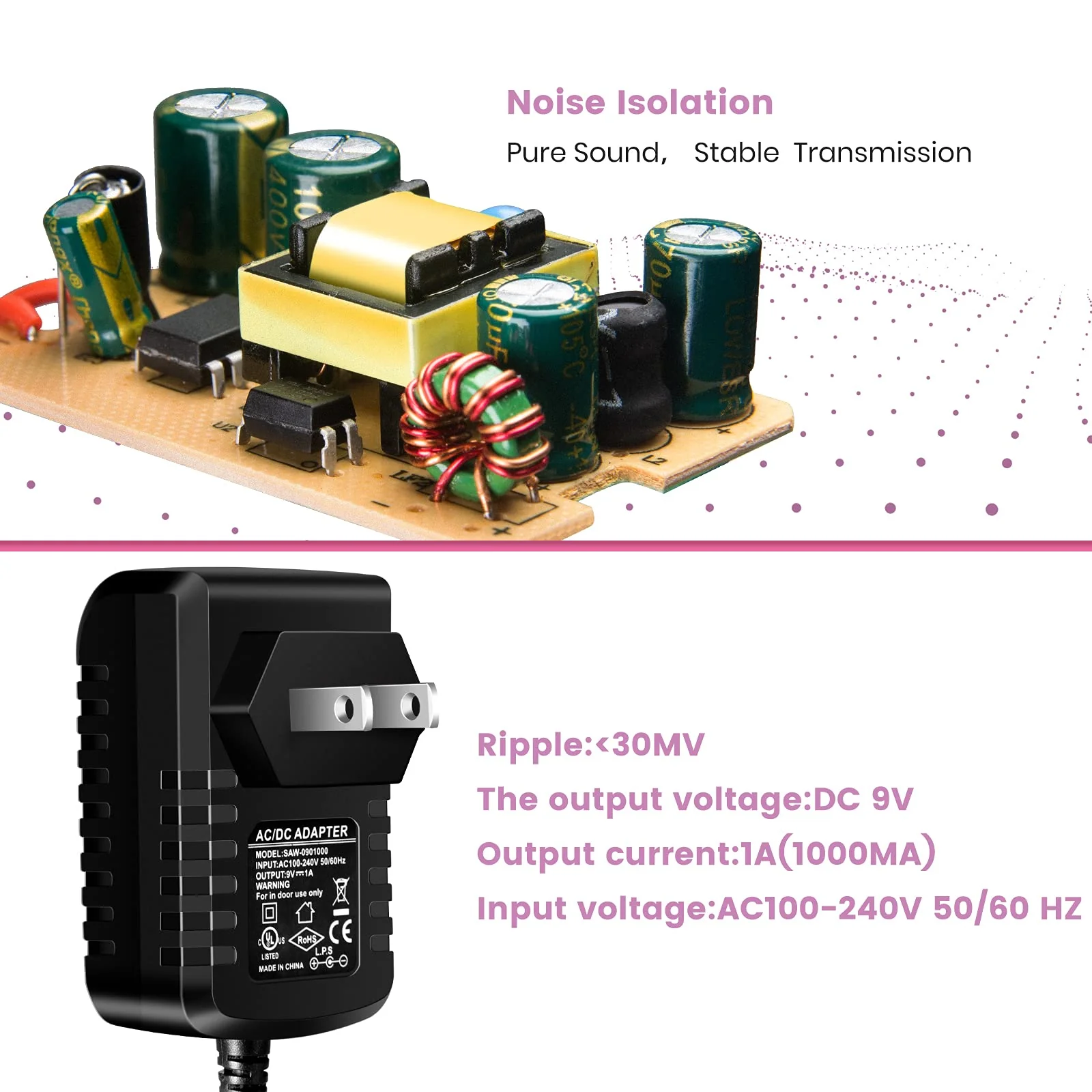 Guitar Pedal Power Supply Adapter 9V DC 1A(1000mA) Tip Negative 8 Way Daisy Chain Cables for Effect Pedal - Image 4