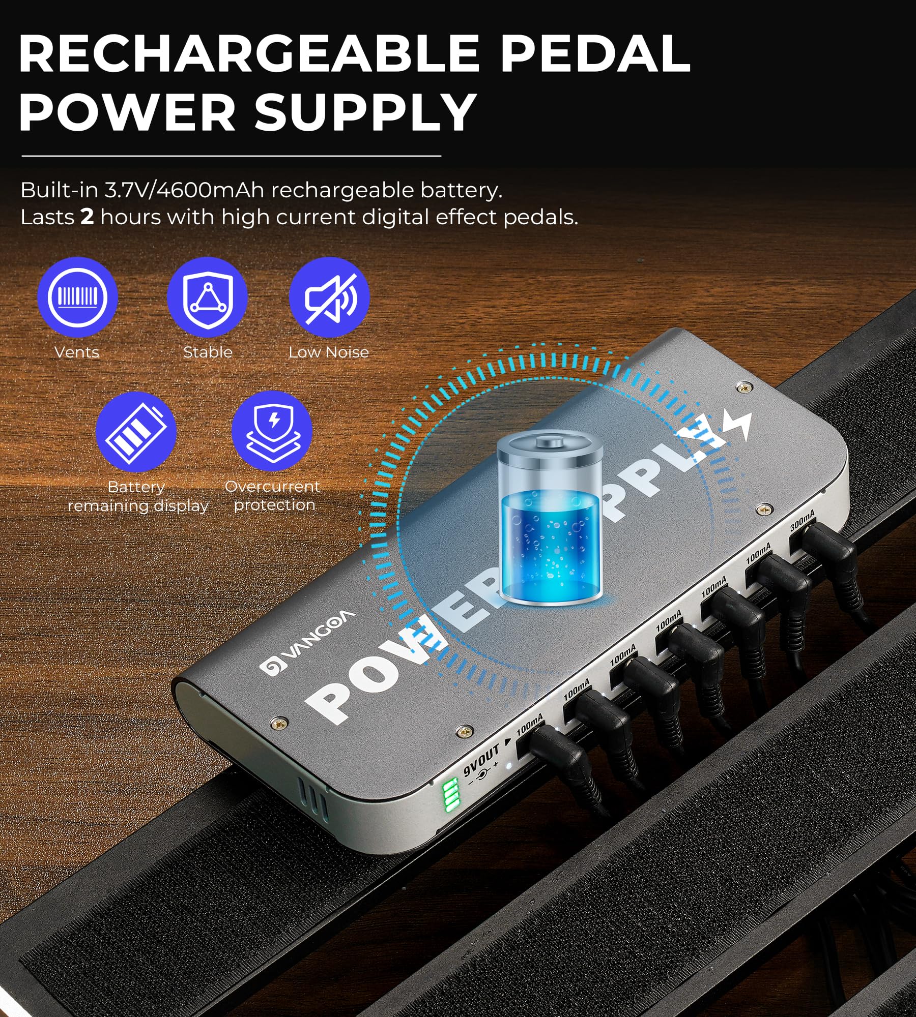 Guitar Pedal Power Supply Vangoa Built-in 3.7V/4600mAh Rechargeable Battery with Battery Indicator 7 Outputs(100mA,300mA) with USB Port Portable 9V Power Supply for Guitar Bass Effect Pedal Board - Image 2