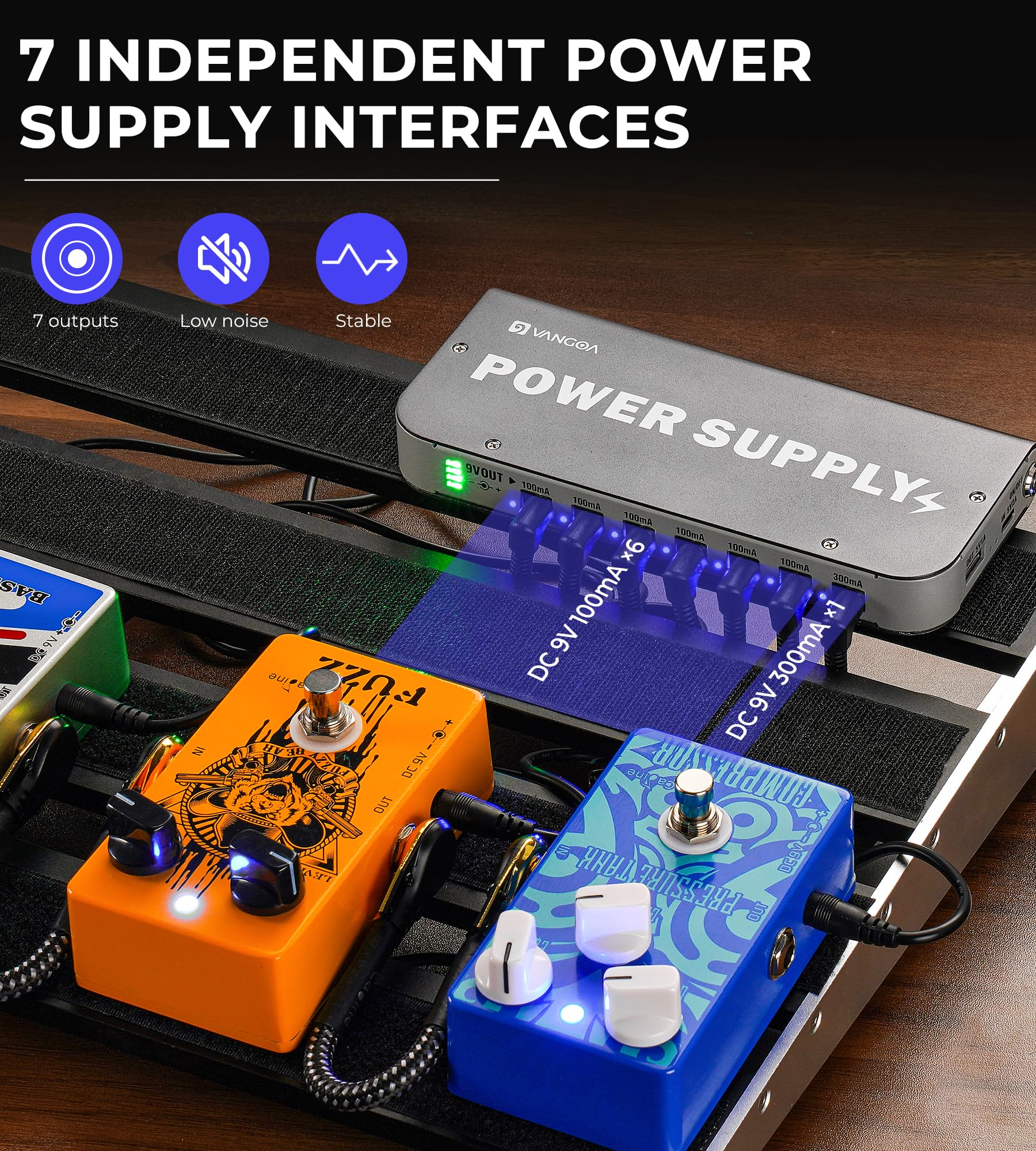 Guitar Pedal Power Supply Vangoa Built-in 3.7V/4600mAh Rechargeable Battery with Battery Indicator 7 Outputs(100mA,300mA) with USB Port Portable 9V Power Supply for Guitar Bass Effect Pedal Board - Image 5