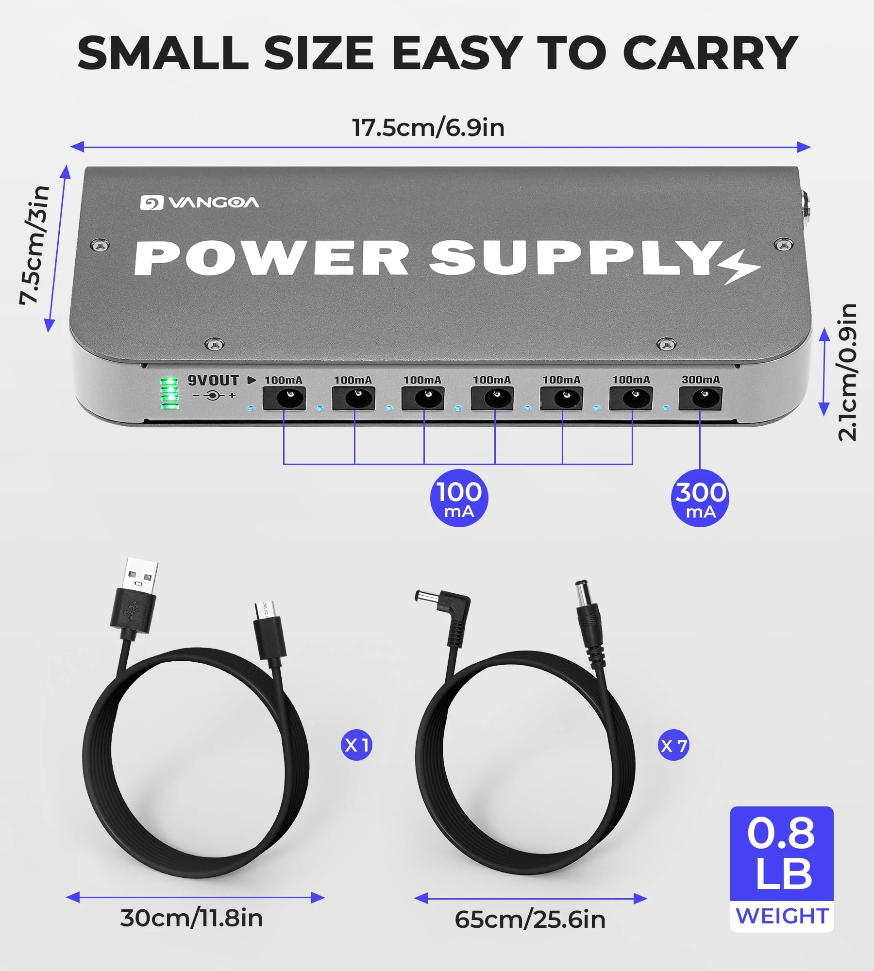 Guitar Pedal Power Supply Vangoa Built-in 3.7V/4600mAh Rechargeable Battery with Battery Indicator 7 Outputs(100mA,300mA) with USB Port Portable 9V Power Supply for Guitar Bass Effect Pedal Board - Image 6