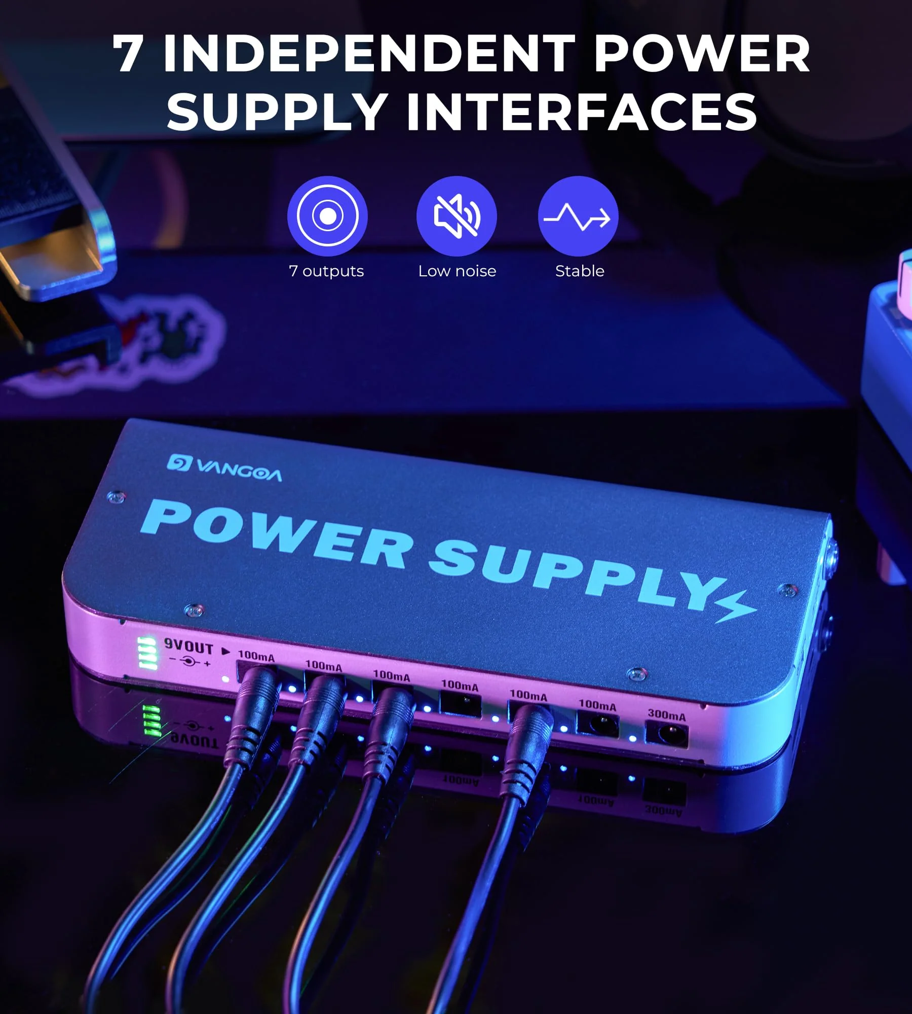 Guitar Pedal Power Supply Vangoa Built-in 3.7V/4600mAh Rechargeable Battery with Battery Indicator 7 Outputs(100mA,300mA) with USB Port Portable 9V Power Supply for Guitar Bass Effect Pedal Board - Image 7