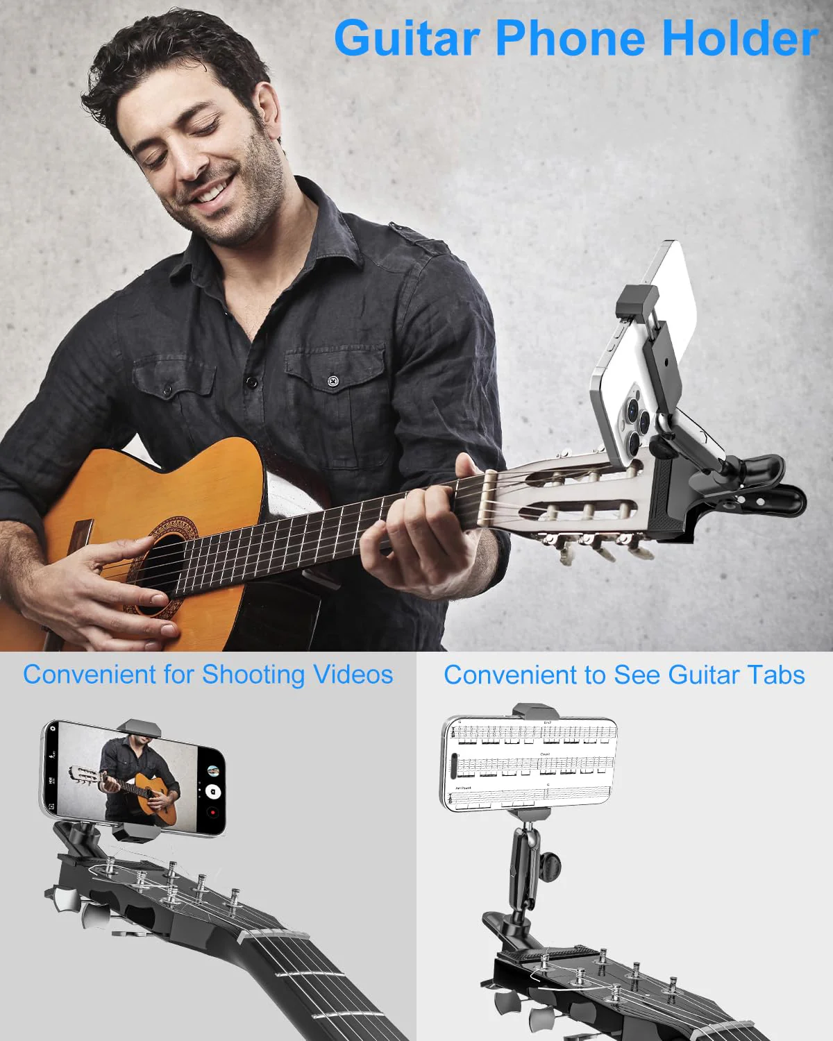 Guitar Phone Holder, [Strong Metal Clip] Guitar Phone Mount for Electric Guitar, Ukulele, Bass, Mandolin, Banjo, Sitar, Compatible with iPhone 16 Pro Max, Galaxy and All 4-7" Smartphone - Image 2