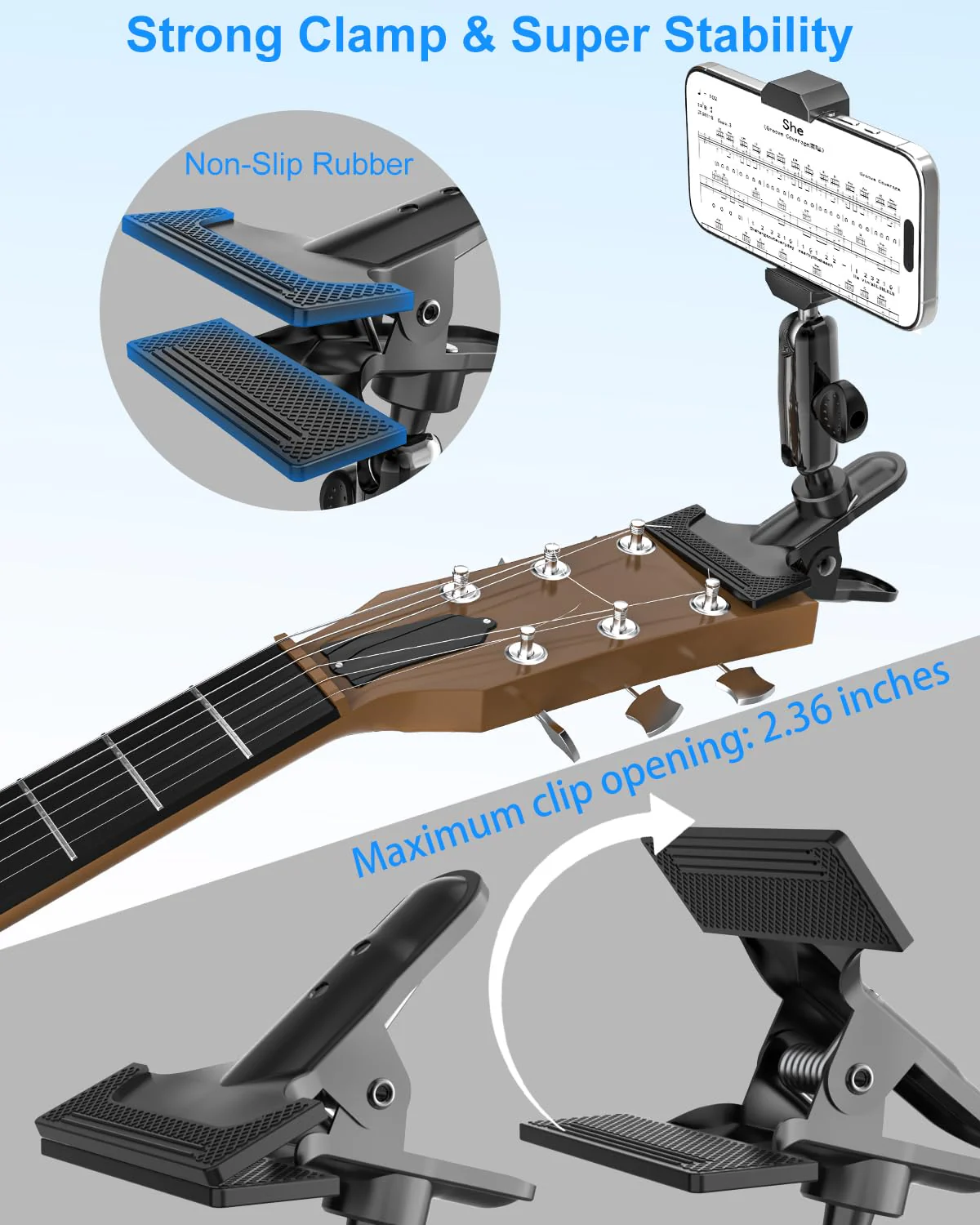 Guitar Phone Holder, [Strong Metal Clip] Guitar Phone Mount for Electric Guitar, Ukulele, Bass, Mandolin, Banjo, Sitar, Compatible with iPhone 16 Pro Max, Galaxy and All 4-7" Smartphone - Image 5