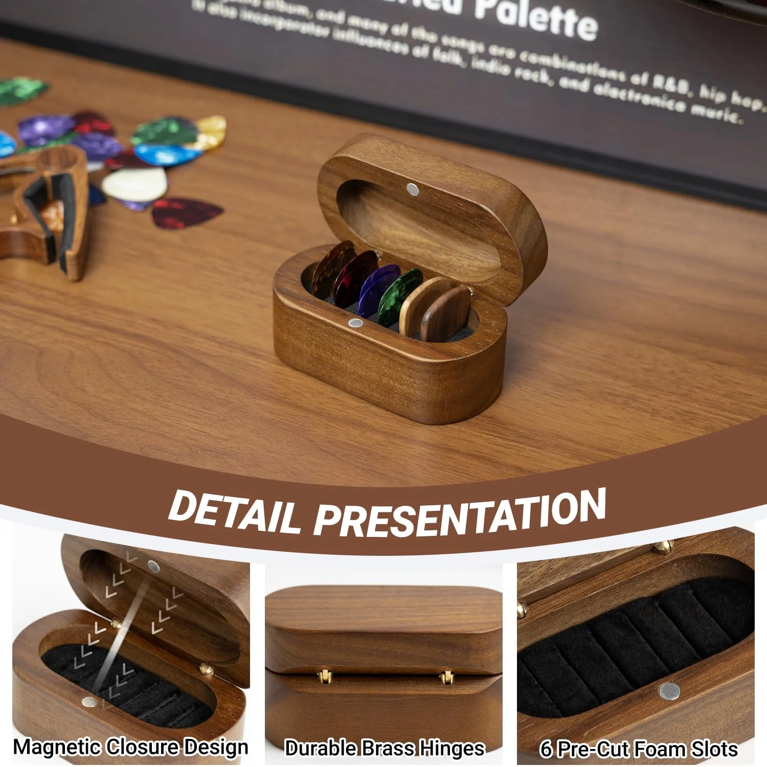 Guitar Pick Holder Set with 2 Color Wood Picks and 8 Celluloid Picks in 3 Thicknesses, Wooden Guitar Pick Case, Mini Jewelry Box, Guitar Music Accessories Gifts for Guitar Lover Player - Image 2