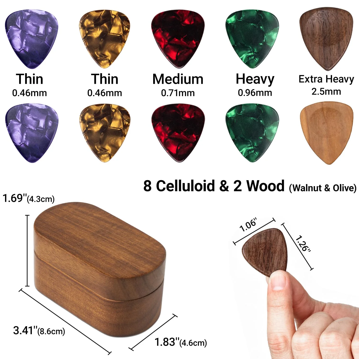 Guitar Pick Holder Set with 2 Color Wood Picks and 8 Celluloid Picks in 3 Thicknesses, Wooden Guitar Pick Case, Mini Jewelry Box, Guitar Music Accessories Gifts for Guitar Lover Player - Image 3