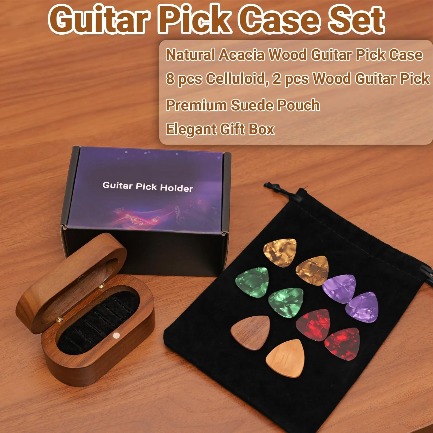 Guitar Pick Holder Set with 2 Color Wood Picks and 8 Celluloid Picks in 3 Thicknesses, Wooden Guitar Pick Case, Mini Jewelry Box, Guitar Music Accessories Gifts for Guitar Lover Player - Image 4
