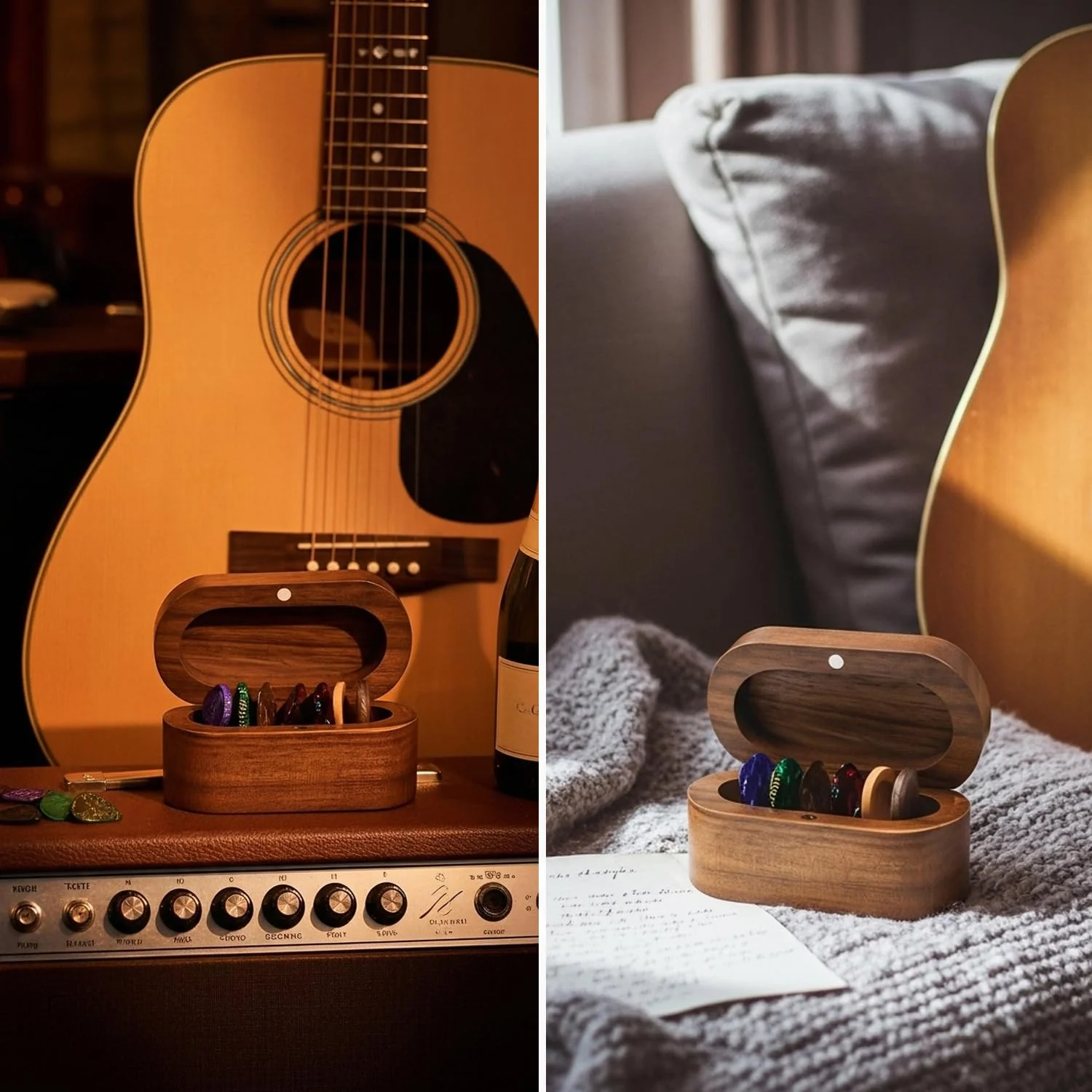 Guitar Pick Holder Set with 2 Color Wood Picks and 8 Celluloid Picks in 3 Thicknesses, Wooden Guitar Pick Case, Mini Jewelry Box, Guitar Music Accessories Gifts for Guitar Lover Player - Image 8