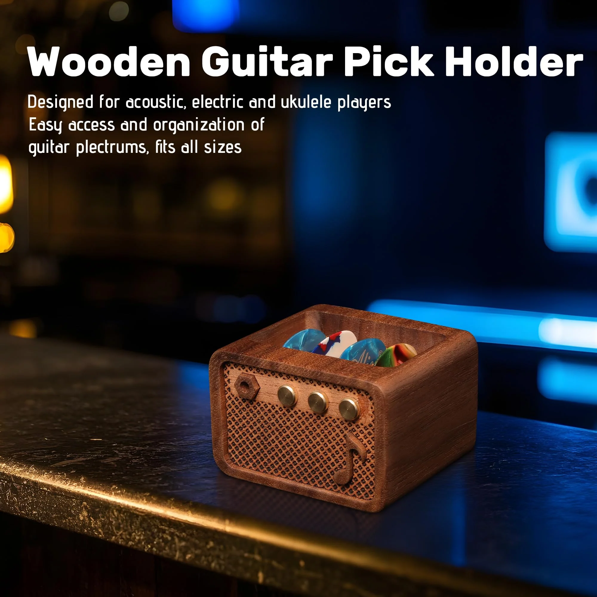 Guitar Pick Holder, Walnut Wood Electric Guitar Amp Styled Pick Holder for Picks Storage and Display, Gift for Guitar Players Guitarists Style Walnut - Image 2