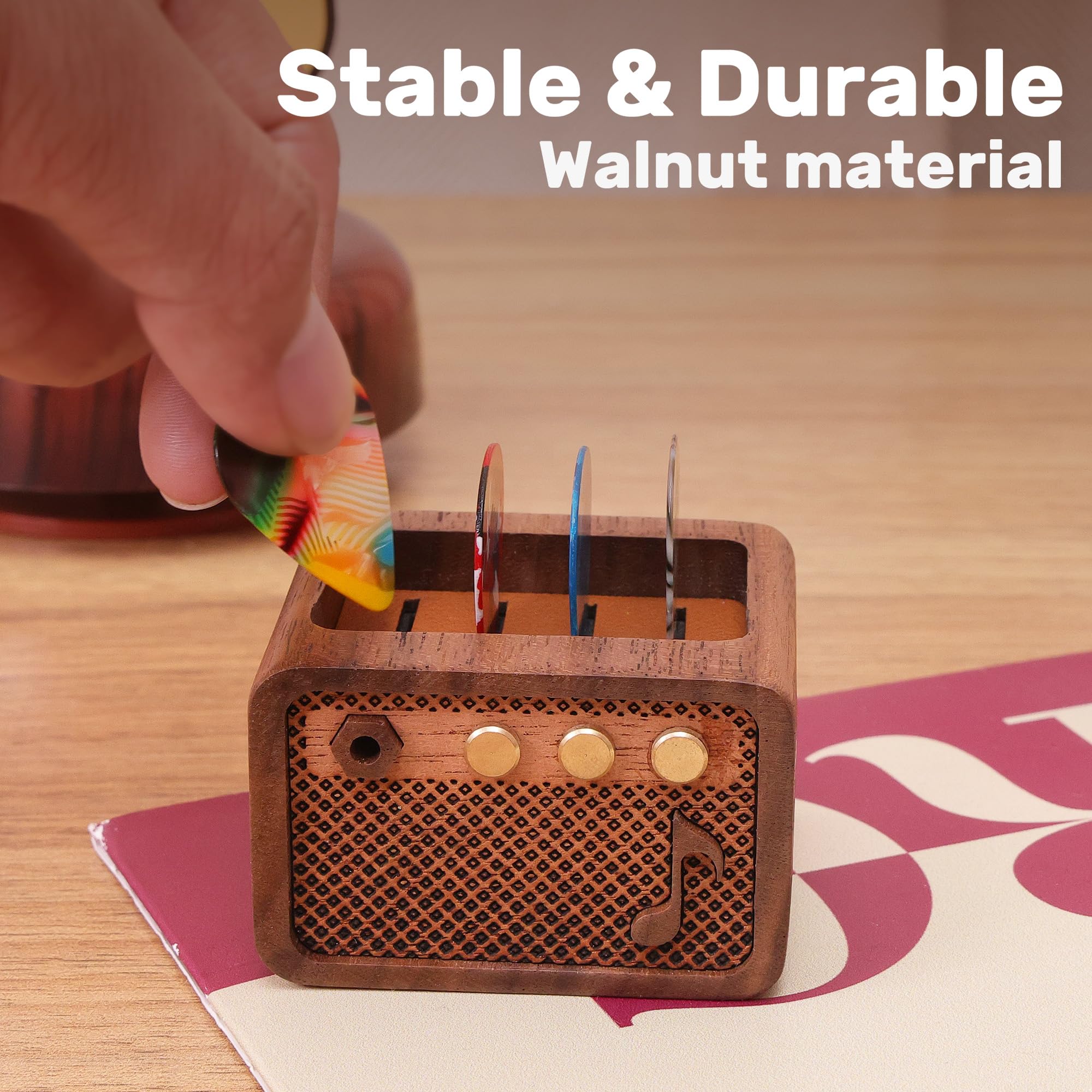 Guitar Pick Holder, Walnut Wood Electric Guitar Amp Styled Pick Holder for Picks Storage and Display, Gift for Guitar Players Guitarists Style Walnut - Image 5